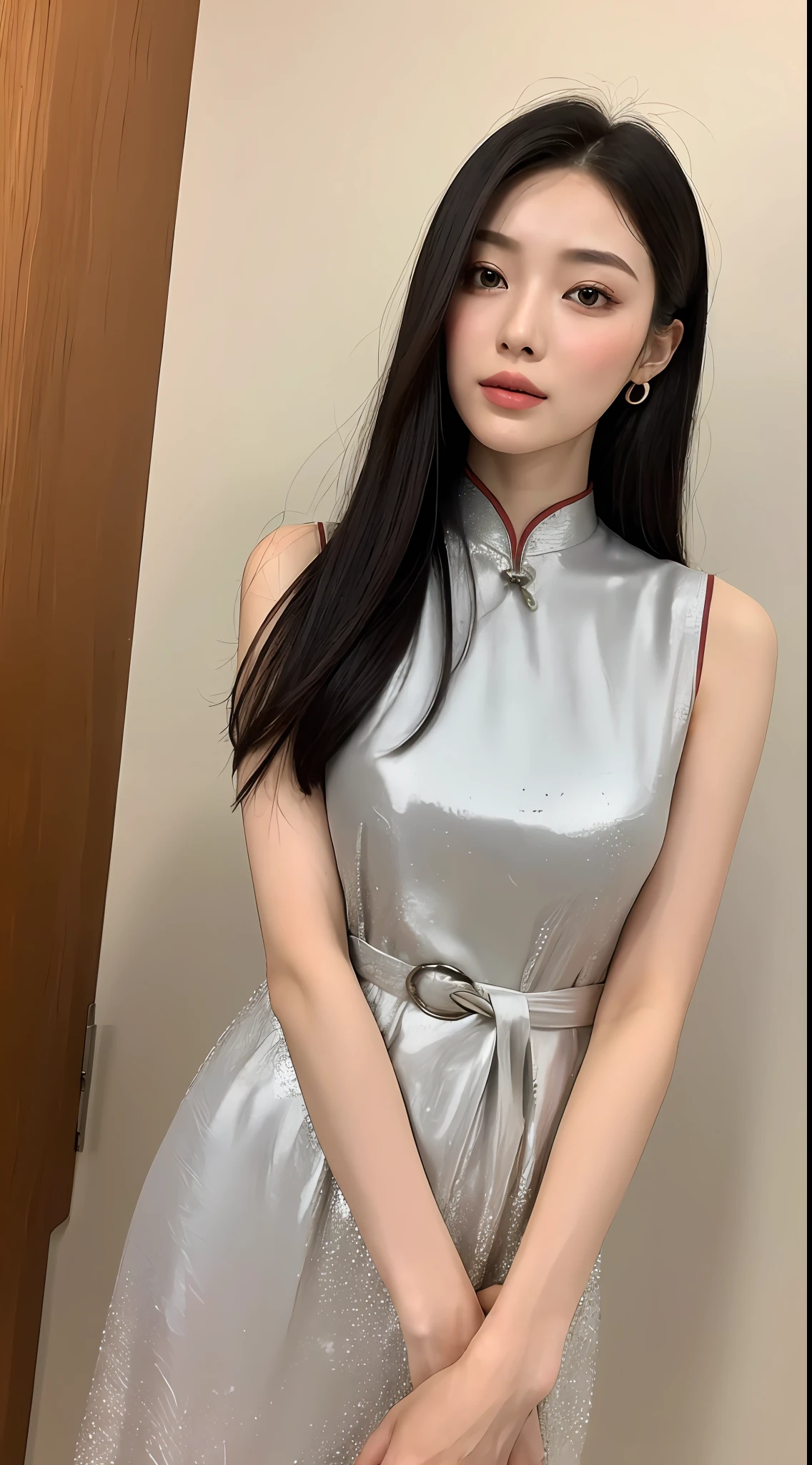 ((Realistic Light, Best Quality, 8K, Masterpiece: 1.3)), Focus: 1.2, 1girl,
This beauty has a well-proportioned figure, graceful lines and curvy lines. She is 170 cm tall and shows a slender figure. She weighs 45 kilograms and exudes health and vitality.
Her facial features are refined and harmonious. She has bright and shining eyes, which reveal wisdom and softness. Her face shape may be oval or heart-shaped, with smooth skin and well-proportioned facial features. Her nose may be straight and delicate, and the shape of her lips may be plump and elegant.
Her hair may be soft and shiny, and the color may be rich black or other bright shades. Her hairstyle may be casual and natural, thin little hands,
She may be wearing a stylish and elegant white skinny cheongsam that highlights her stature advantage. Her posture may be confident and elegant, exuding a natural and charming charm.