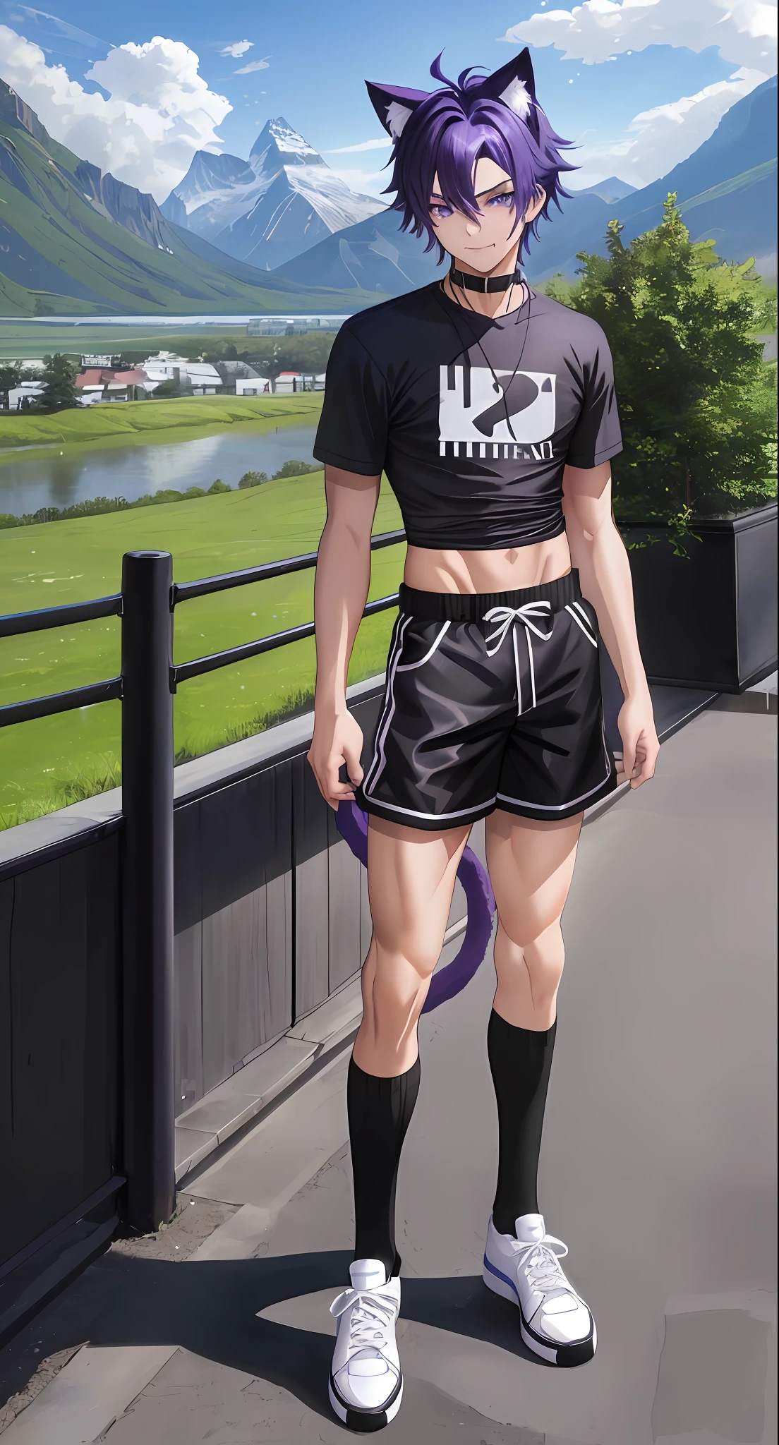 ((1boy)), cat tail, cat ears, short purple hair, electric blue eyes, big fluffy tail, big sharp cat ears, midriff, slim black shirt, black thigh socks, converse shoes, Vibrant, HD, masterpiece, best quality, slim upper body, thick lower body, toned abs, smug, full body view, mountains setting