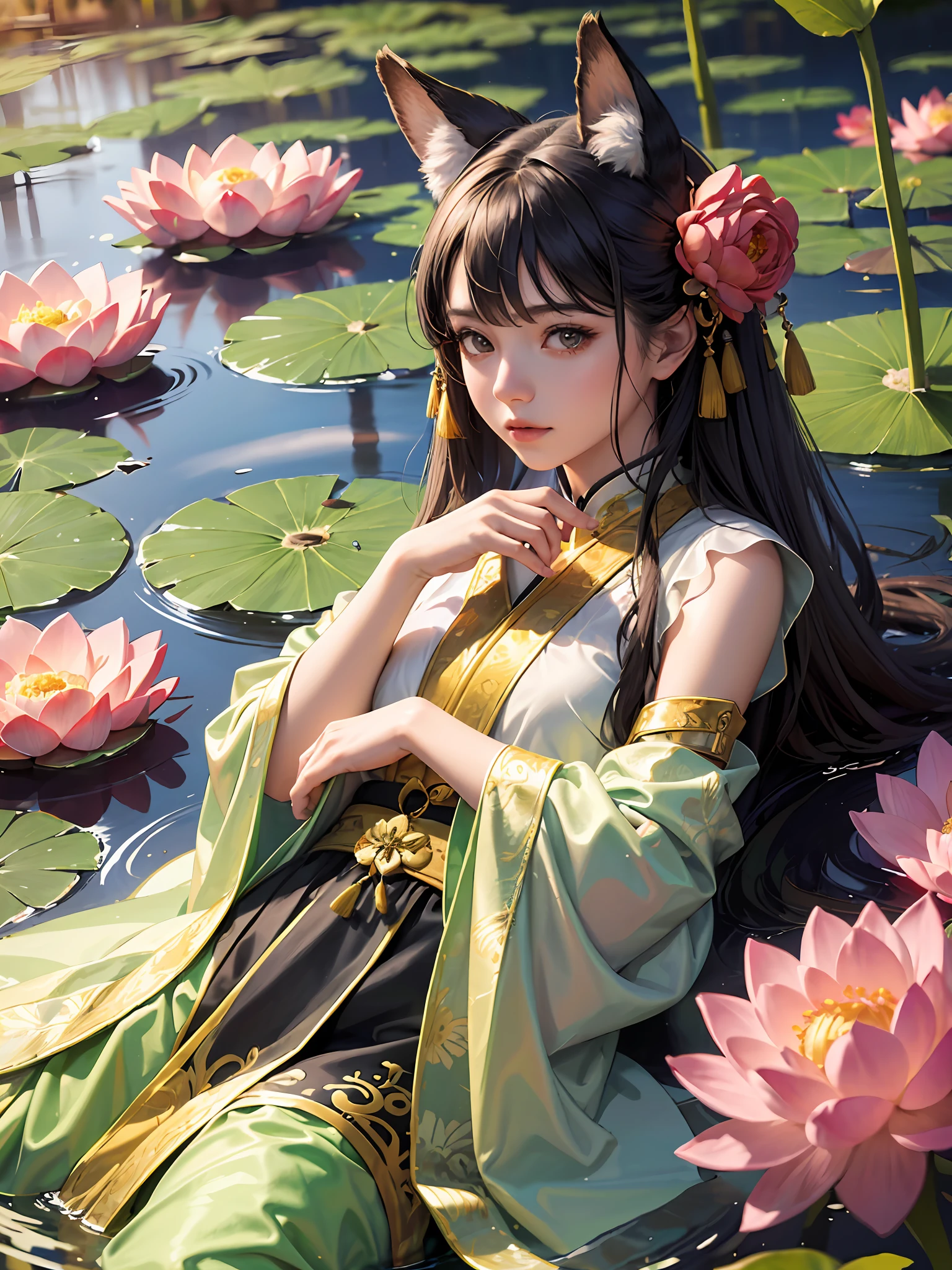 absurdres, highres, ultra detailed, (1girl:1.3), hand drawn, simple line,  girl in colorful Chinese Hanfu, beautiful girl with fox ears, lying in the huge lotus leave, at the lotus pond, masterpiece, sitting in water, floating clothes, floating hair