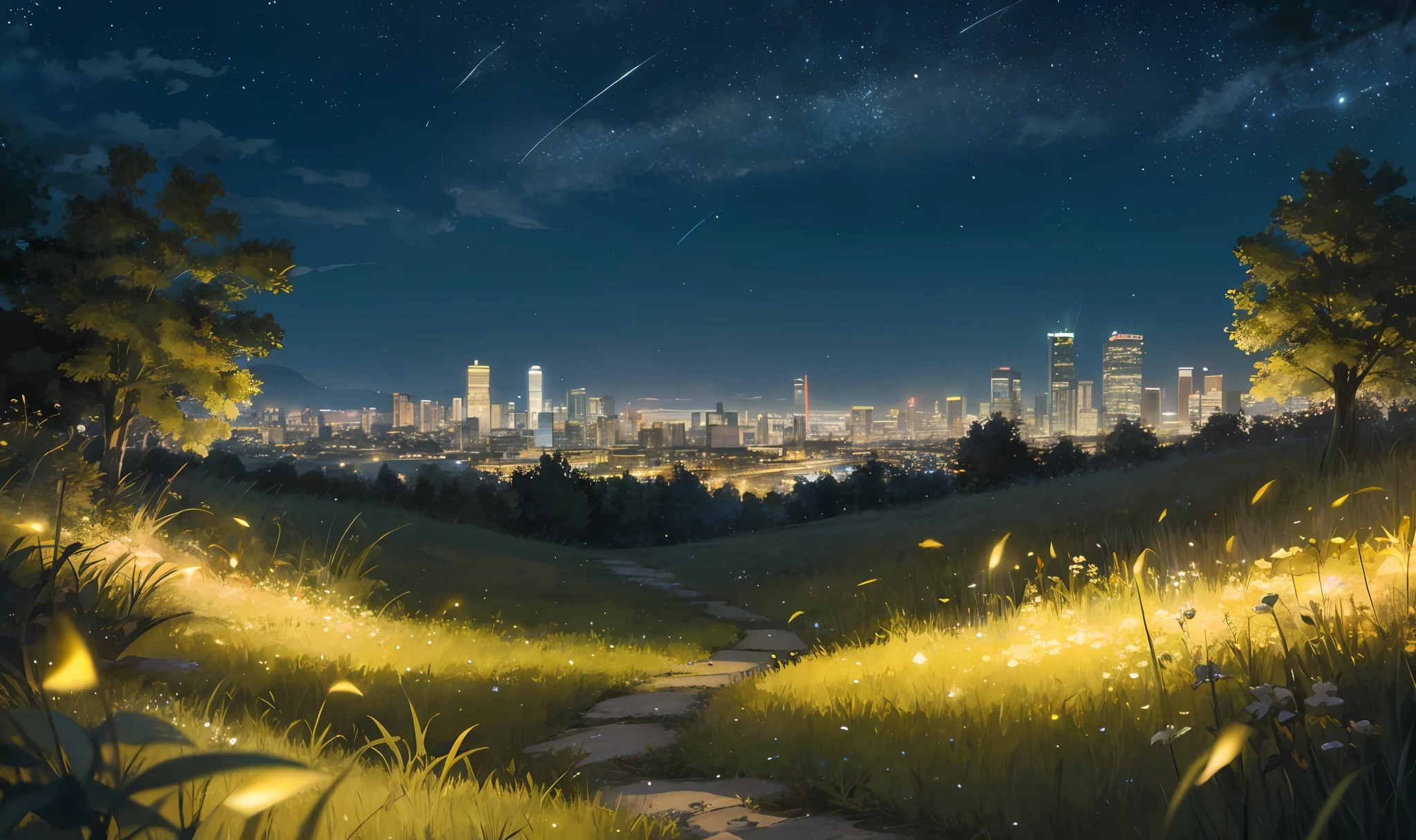 Grass at night, fireflies, not far from the city,
