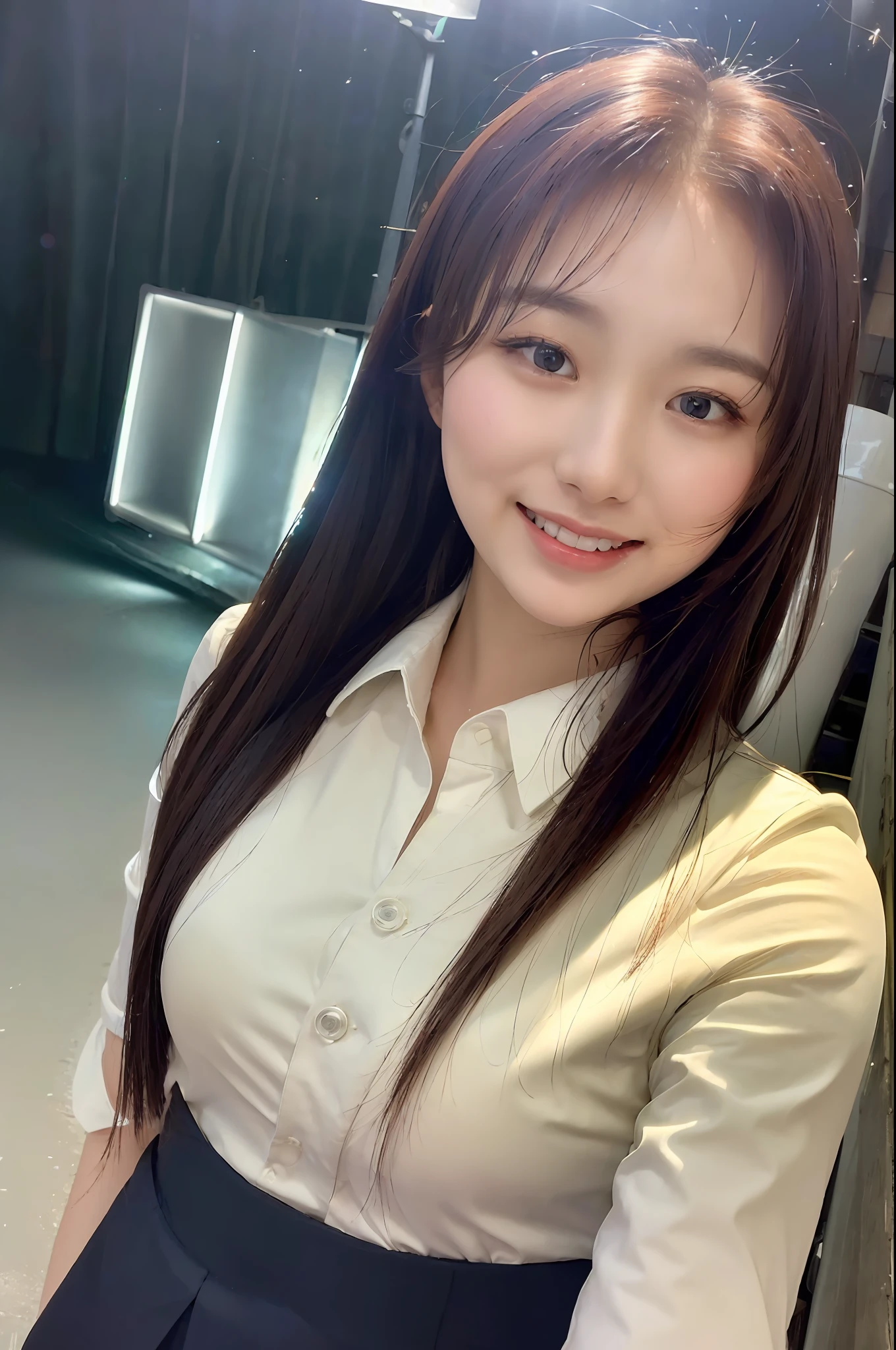 1girl, happy, smiling, (at street:1.2), ((office uniform:1.2)),night, RAW photo, (photorealistic:1.37, realistic), highly detailed CG unified 8K wallpapers, looking at viewer, (((straight from front))), (HQ skin:1.8, shiny skin), 8k uhd, dslr, soft lighting, high quality, film grain, Fujifilm XT3, ((upper body:1.6)), (professional lighting:1.6)