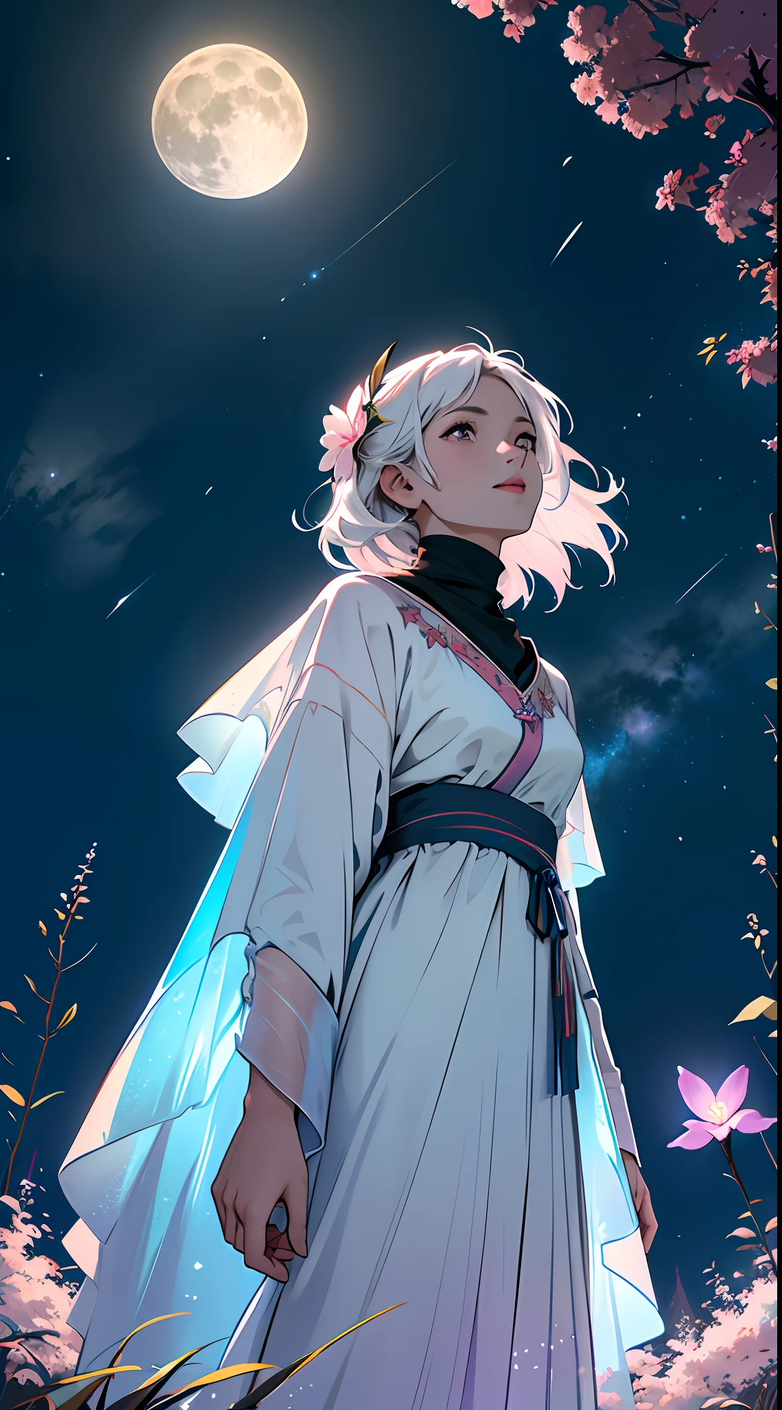 Portrait photograph, (view from below with view of the sky and surrounding), 1 girl standing in a beautiful flower field looking up, (full moon:1,5), (nebula:1,5), mountain, sakura tree, waterfall, (masterpiece: 1.2) (Best Quality), 4K, Ultra-Detailed, (Dynamic Composition: 1.4), Highly Detailed and Colorful Detail, (Iridescent Colors: 1.2), (Radiant Lighting, Atmospheric Lighting), Fireflies, Light Particles, Crescent, pentagram