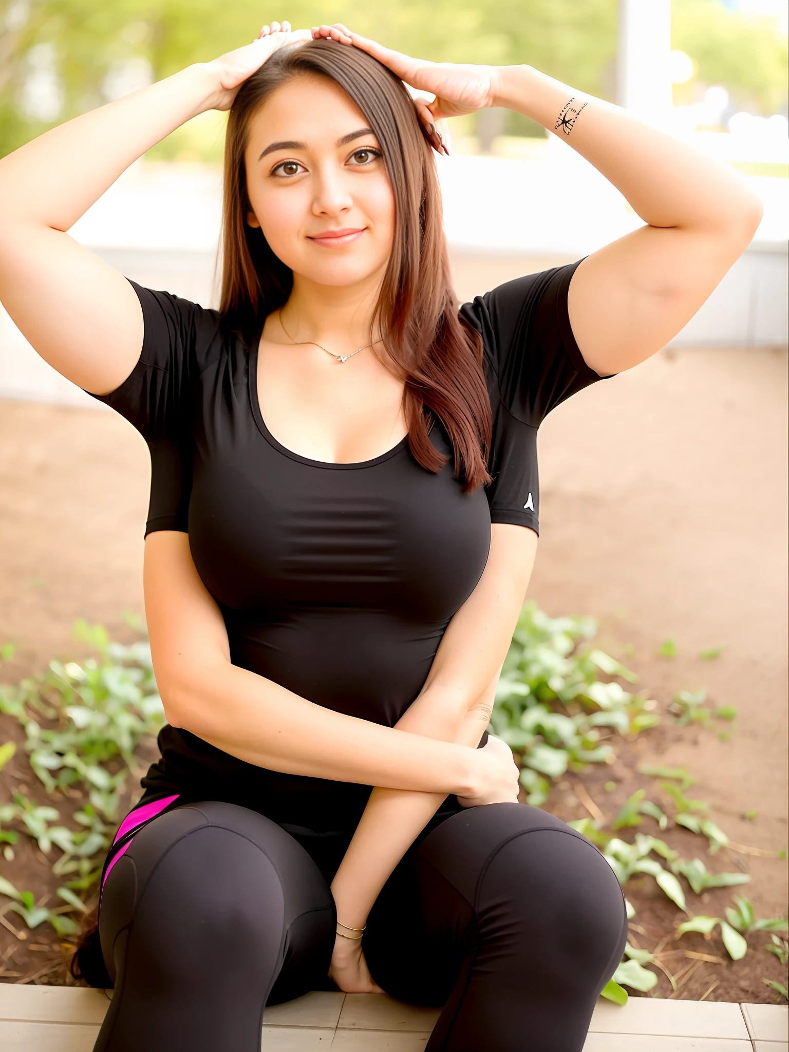 (multiarm:1.2) woman, four arms, anime, casual clothes, t-shirt, leggings, solo, double v, double peace sign, arms folded, sitting, hugging knee, from above, looking at viewer, mudra