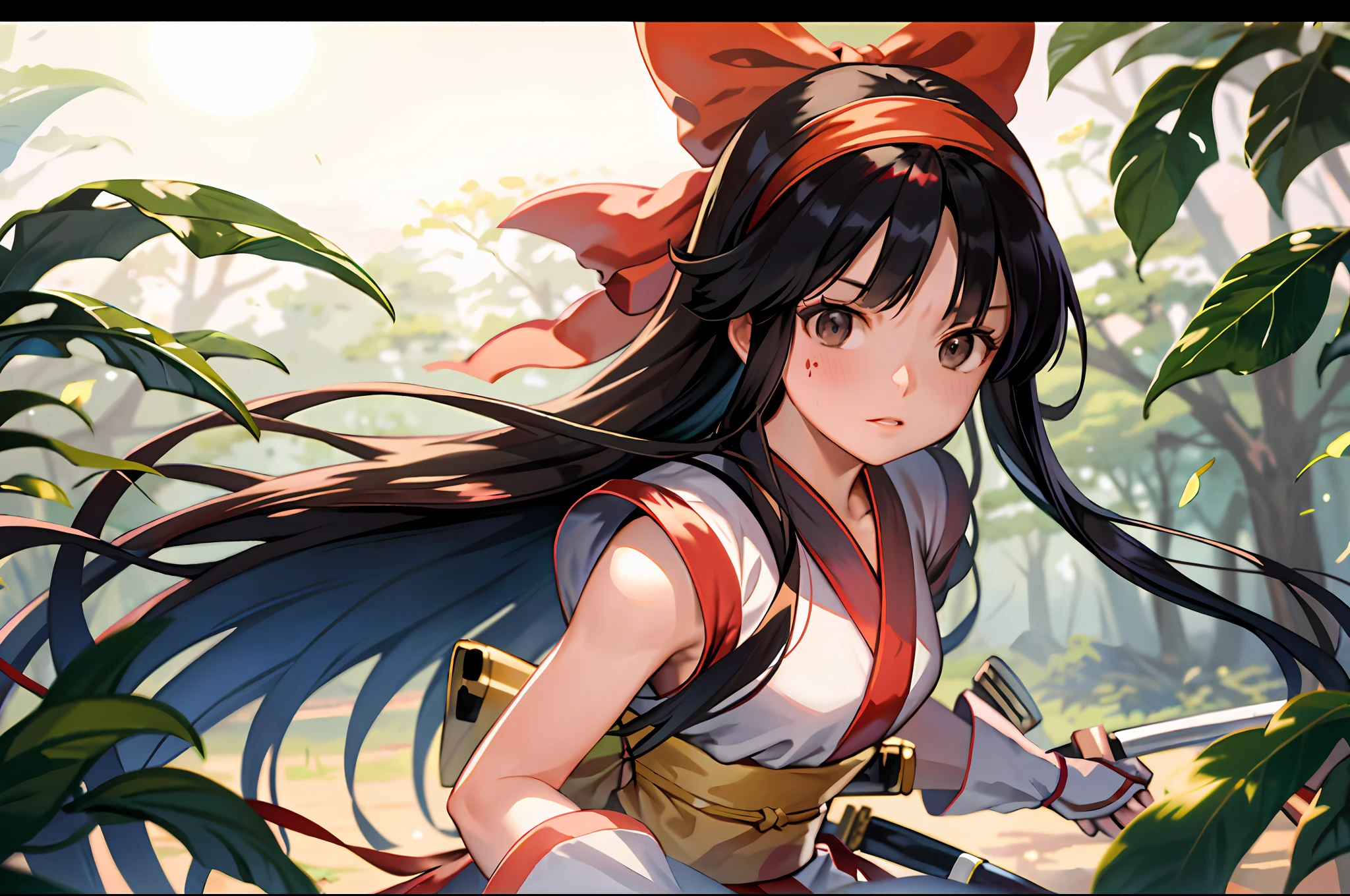 masterpiece, best quality,1girl, red bow, bow, long hair, hair bow, ainu clothes, solo, hairband, black hair, fingerless gloves, short sleeves, gloves, sash, pants, bangs, red hairband, weapon, breasts, brown eyes, white pants, japanese clothes, nakoruru, light smile, officials art, good composition,m, detailed portrait, portrait, bokeh, forest with river, sun behind back, pencil style, traditional brush, samurai, onmyoji style, high resolution, dramatic lighting and shadow, sun flared, blurry foreground, blood plashing around, looking at viewer, hands behind back, hands not in view, face shading, strong lighting, dim light, nostalgia look, dramatic hair, coat