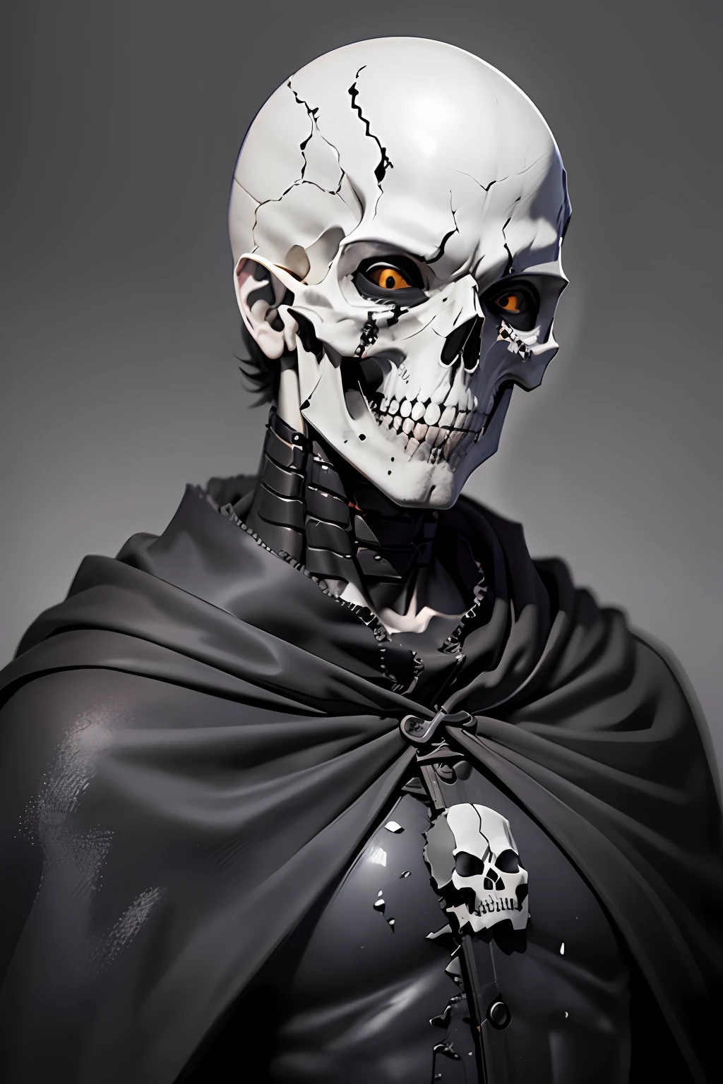 monochrome, grayscale, solo, 1boy, male focus, simple background, bald, black background, upper body, looking at the viewer, (mask), facing the viewer, (((skull))), yellow eyes, (((black sclera)), black cloak, heavy armor, crumpled skin, skin fragmentation, fragmented skin, crumpled skin, cracked skin, skin torn into pieces, ceramic style,