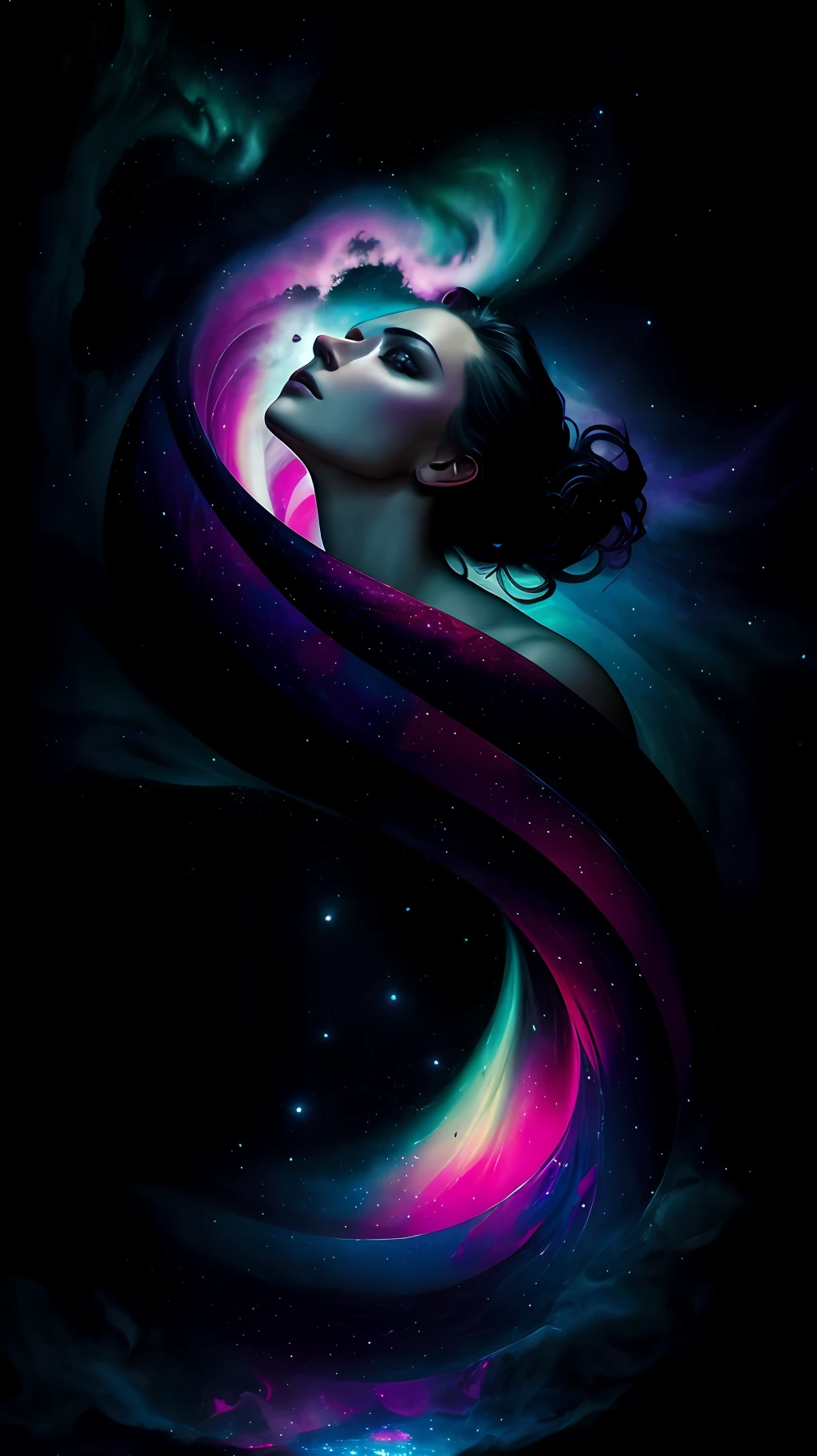 Style-Paint-1900, a beautiful ravishing naked woman completely covered in paint floating in a pool, beautiful lighting, upclose, large beautiful detailed eyes, nirvana, relaxed, chill, from above, full body, paint drops, paint swirls, paint splatter, high heels, (beautiful spiral paint swirls), by jeremy mann, by sandra chevrier, by dave mckean and richard avedon and maciej kuciara, high detailed, 8k, vivid contrasting colors, chromatic aberration, the stars touch the sky with background of aurora nebula paint stars by Style-NebMagic, vivid bright colors, a vibrant digital illustration, black background, behance hd, Masterpiece, best quality, (realistic:1.2), (high contrast:1.2),