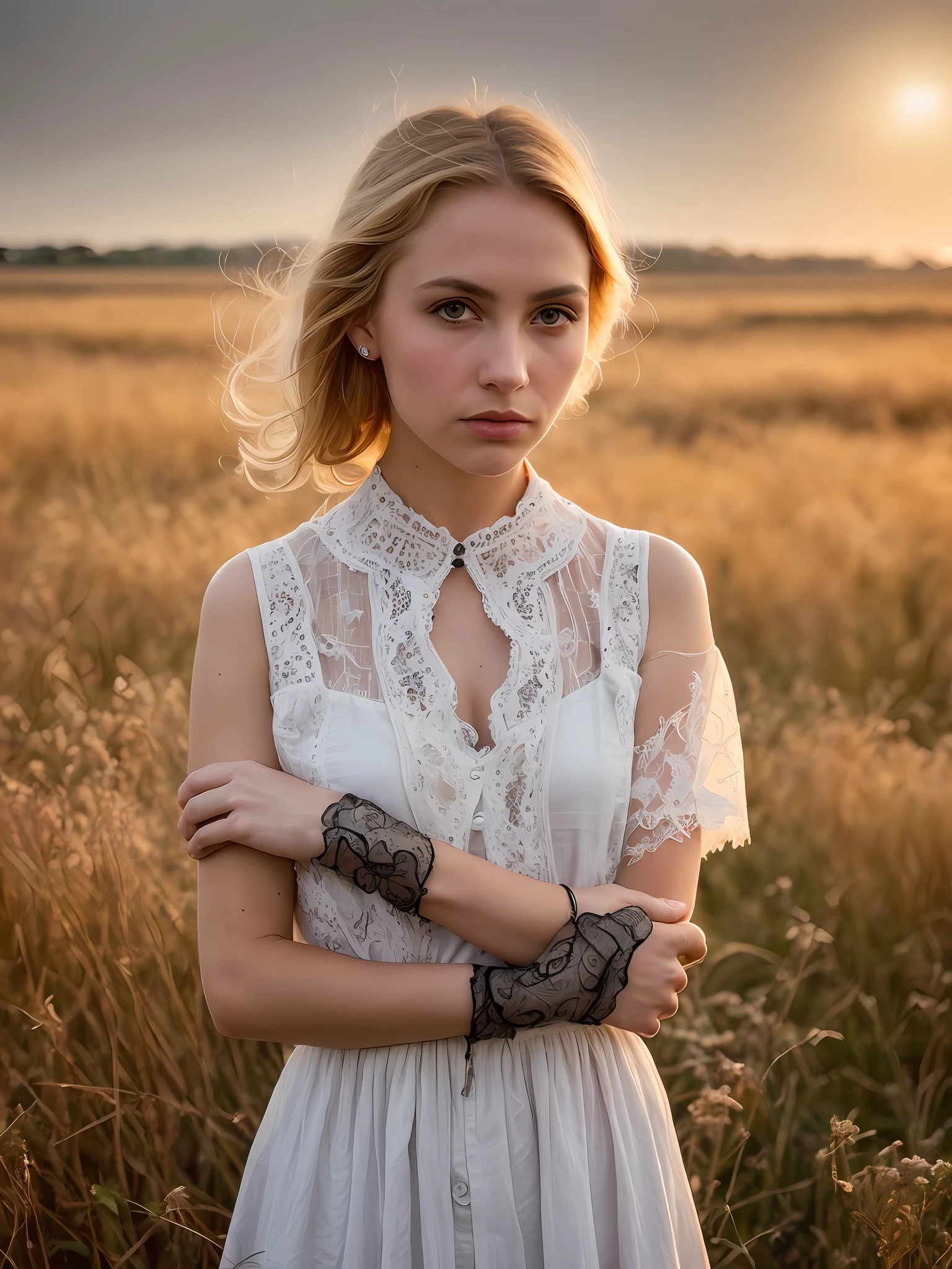 photograph photo wide-angle closeup closeup portrait of the body of a pale Afghan girl (Honey Blonde Long Cropped Cut Haircut), (posing outside amid an intricate Grassland prairie coast outside Chengdu:1.1), crowded street with cafes in the distance, cold dark sunset at dusk, flare, orange red glow, (edge light:1.1),  (wearing linen-cotton mix Slate grey Victorian collar ornamented lace and long gloves:1.1) bandage, (small chest), (Hands behind head), (focus on eyes), angelic, handsome face, (angry look), (hard light on skin:1.2), (hard shadows, dark theme, unlit light, dim contrast, deep contrast:1.1), (portrait photograph by Annie Liebovitz), dark theme mint and coral aesthetic,  (skin imperfections, freckles:0.4)