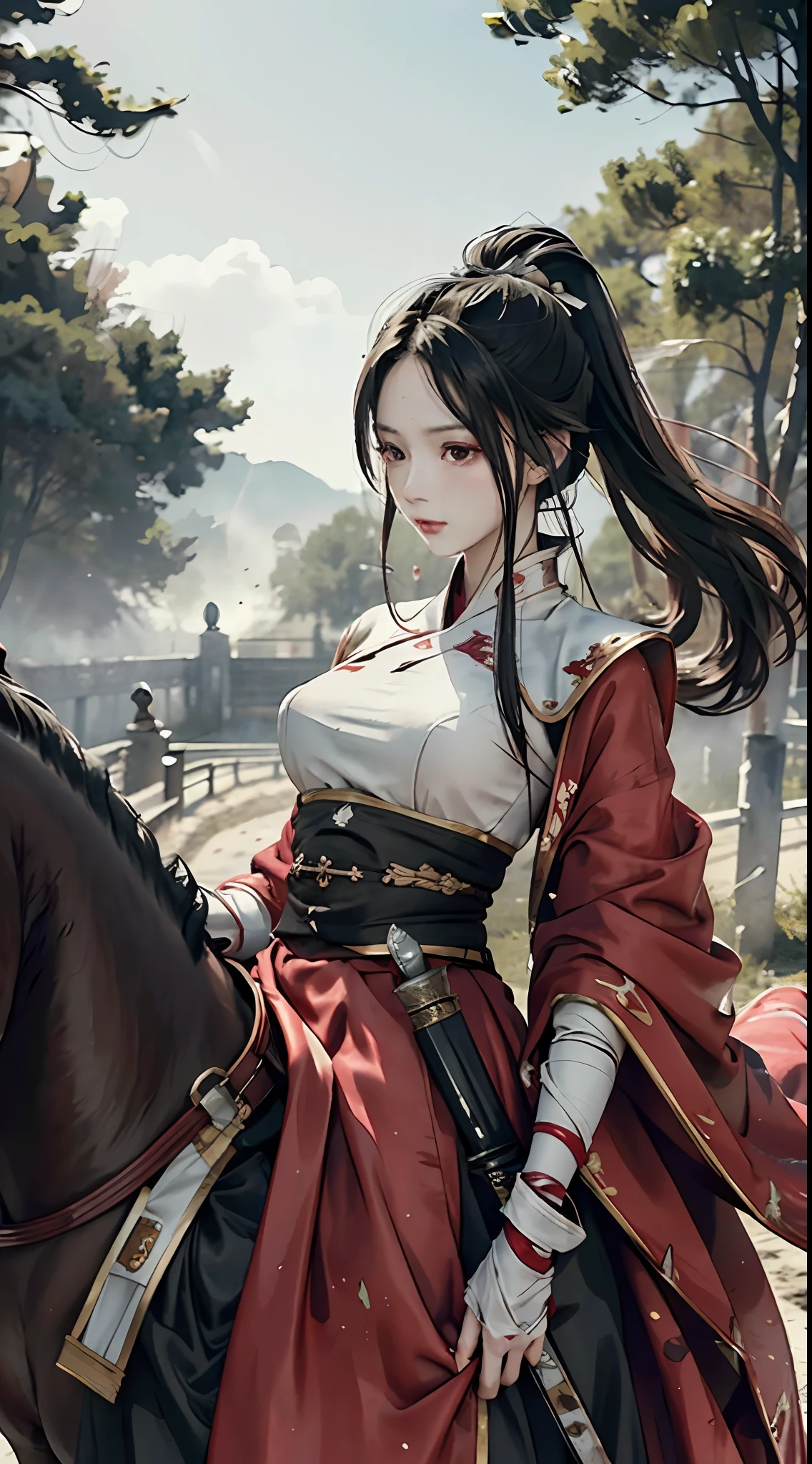 RAW Photo, 4k, Realistic, Delicate and Meticulous Skin), Masterpiece, Best Quality, Official Art, Unity 8k Wallpaper, Ultra Detail, (Soft Light), Cinematic Look, High Saturation, Best Anatomy, Volume Fog, Slim Body, Full Body, 1 Girl, Red Clothes, (with Weapon on the Waist), Sword, Long Hair, Brunetette, Solo, Blood, Armguards, Complex Background, Looking at the Audience, Black Eyes, Cloth, Floating Hair, Evil Smile, Hanfu, Dynamic Movement, Dynamic Pose, Bandages wrapped around hands, dust carried by the wind, (riding a horse; 1.5)