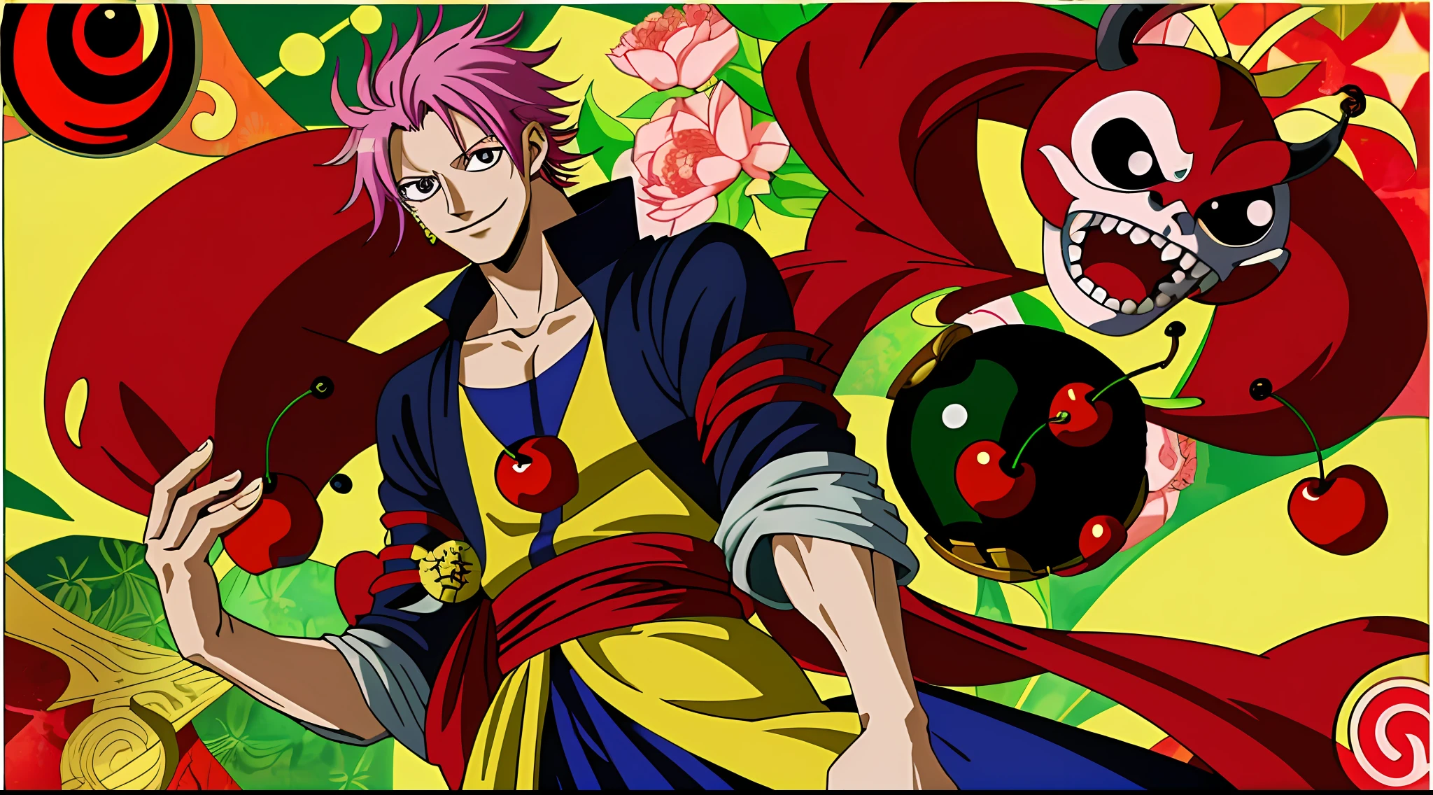 High resolution, (only 1 cherry), anime fruit, high detail, anime, anime style, cubism, One piece style, demon, fruit, anime, Fujitora smile, man