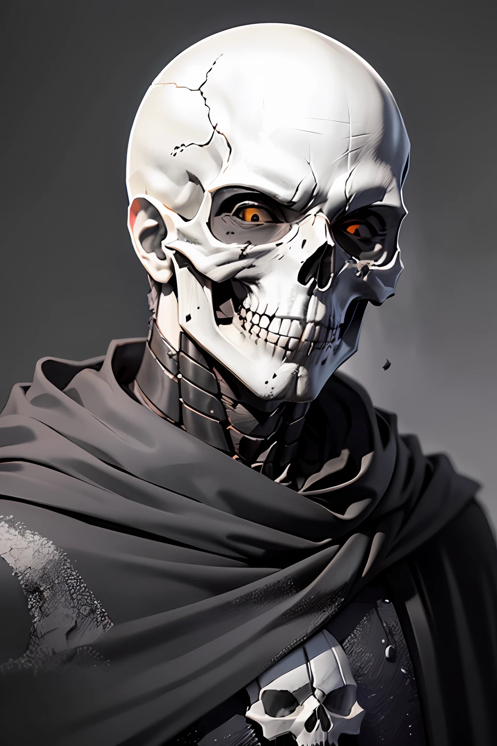 monochrome, grayscale, solo, 1boy, male focus, simple background, bald, black background, upper body, looking at the viewer, (mask), facing the viewer, (((skull))), yellow eyes, ((black sclera)), ((black cloak, light armor)), crumpled skin, skin fragmentation, fragmented skin, crumpled skin, cracked skin, skin torn into pieces, ceramic style,