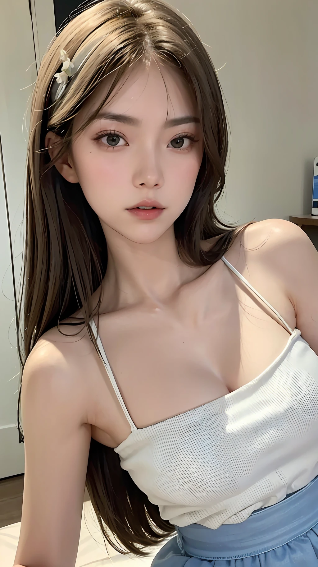 Fashion trendy beautiful and charming woman, gentle and charming Chinese beautiful woman, delicate and sexy collarbone, charming oval face, double eyelids, smart peach blossom eyes, pink lips, small nose, bare shoulders, focus on the face, close-up of the face, Ultra-high-definition, super-detailed, full-body photo, ultra-thin and light-transmitting, the white off-the-shoulder shirt perfectly echoes the light blue slit skirt, fresh and good, and can be seen through