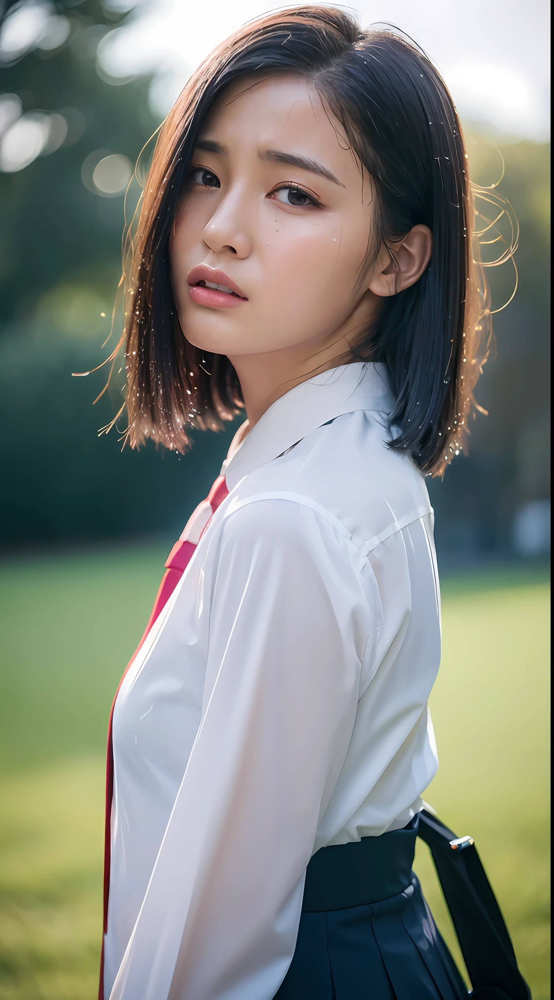 ( masterpiece :1.3),(8k, photorealistic , RAW photo , best quality :1.4),(1girl), shiny skin , shiny hair , beautiful face ,( realistic face ), detailed face ,( black hair , short hair :1.1), beautiful hairstyle , realistic eyes , beautiful ( detailed eyes :1.2),( realistic skin ), beautiful skin , attractive , ultra high res , ultra realistic , highly detailed ,( golden ratio :1.1), jk _ style ,( blue skirt :1.05), white shirt , red tie , black school bag , heavy rain ,( cloudy light :1.2),( wet shirt :1.15),( blurry background :1.2), angry , crying