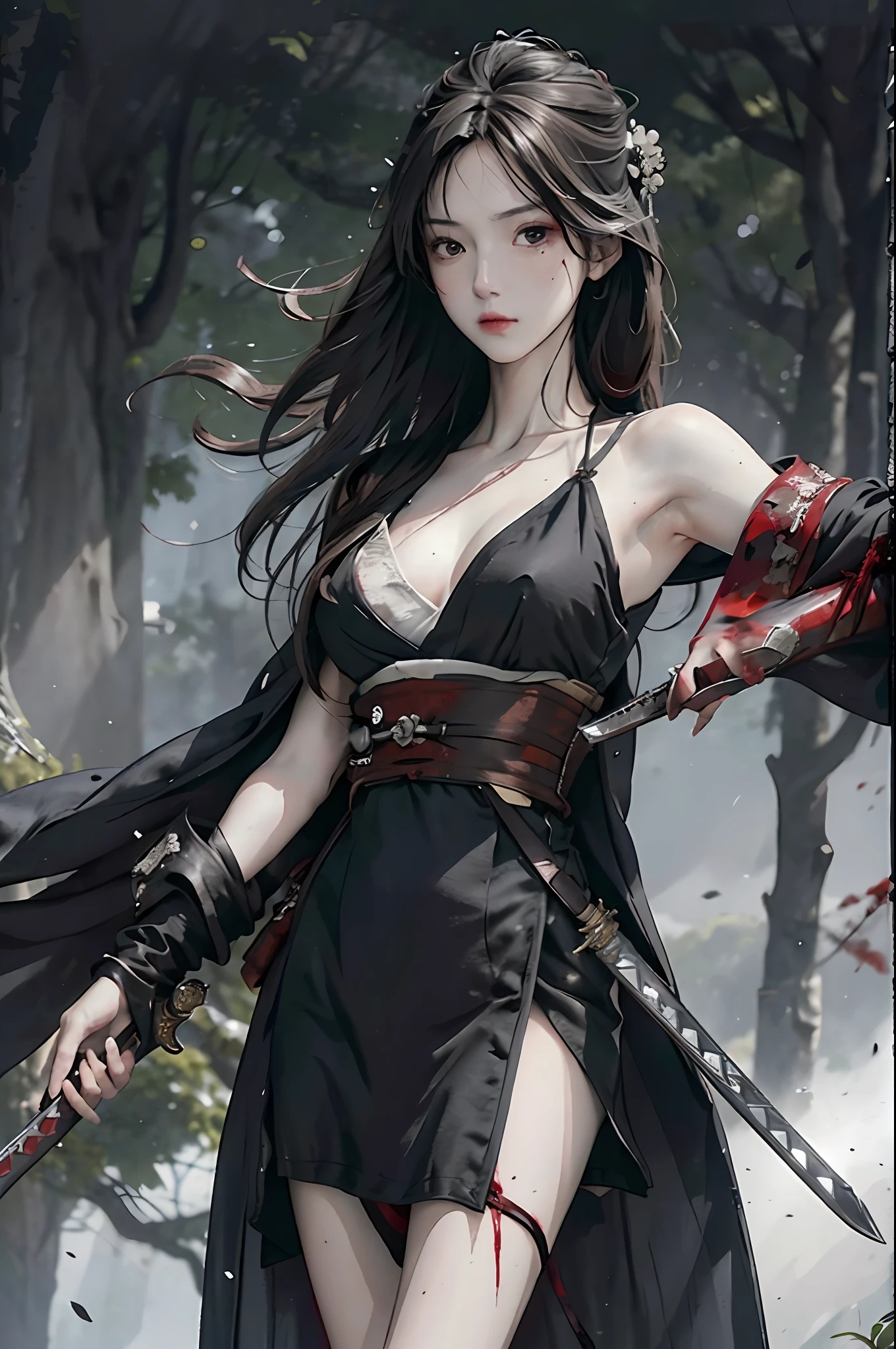 RAW Photo, 4k, Realistic, Delicate and Meticulous Skin), Masterpiece, Best Quality, Official Art, Unity 8k Wallpaper, Ultra Detailed, (Dark Scene, Understated, Soft Light), Cinematic Look, High Saturation, Best Anatomy, Volumetric Fog, Samurai Girl, Slim Body, Full Body, Full Body, 1 Girl, Weapon, Sword, Long Hair, Brunette Hold, Hold, Solo, Hold Weapon, Blood, Sword, Armguard, Complex Background, Blood on Weapon, Looking at the Viewer, Black Eyes, Cloth, Floating Hair, Evil smile, Hanfu,