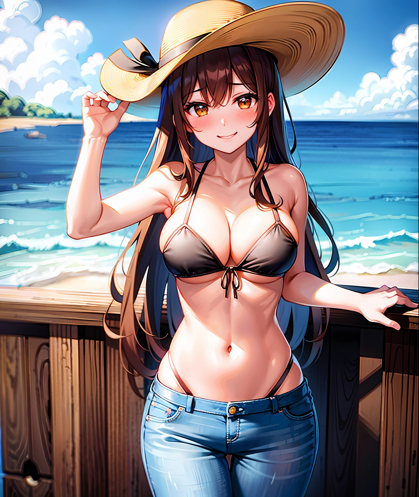 Brown long hair, f-cup, bikini, jeans, (blushing face:1.3), smiling, cowboy shot, (grabbing breasts:1.3)