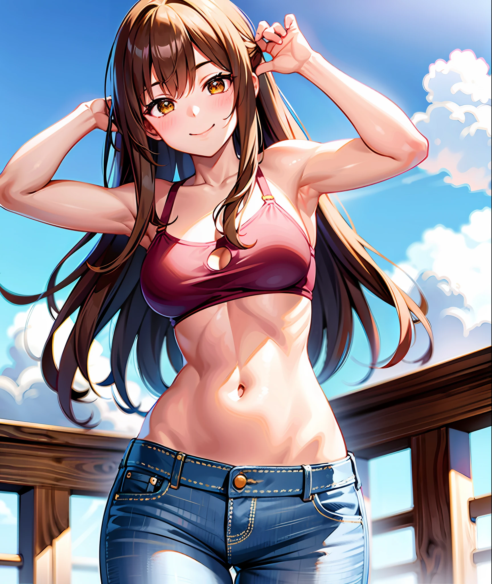 Brown long hair, f-cup, bikini, jeans, (blushing face:1.1), smiling, cowboy shot, ((gravure pose)), from bottom