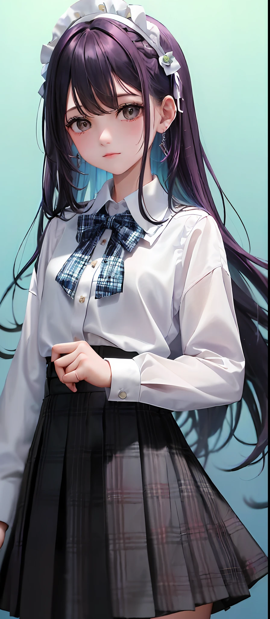 1girl, (masterpiece:1.1), (best quality:1.1), (white blouse:1.1), (plaid skirt:1.1), school uniform, high-waisted skirt, break [blue:pink:0.5] theme, (gradient background:1.1), cowboy shot, break colored hair, long hair, green eyes, delicate headdress, look to the side ,