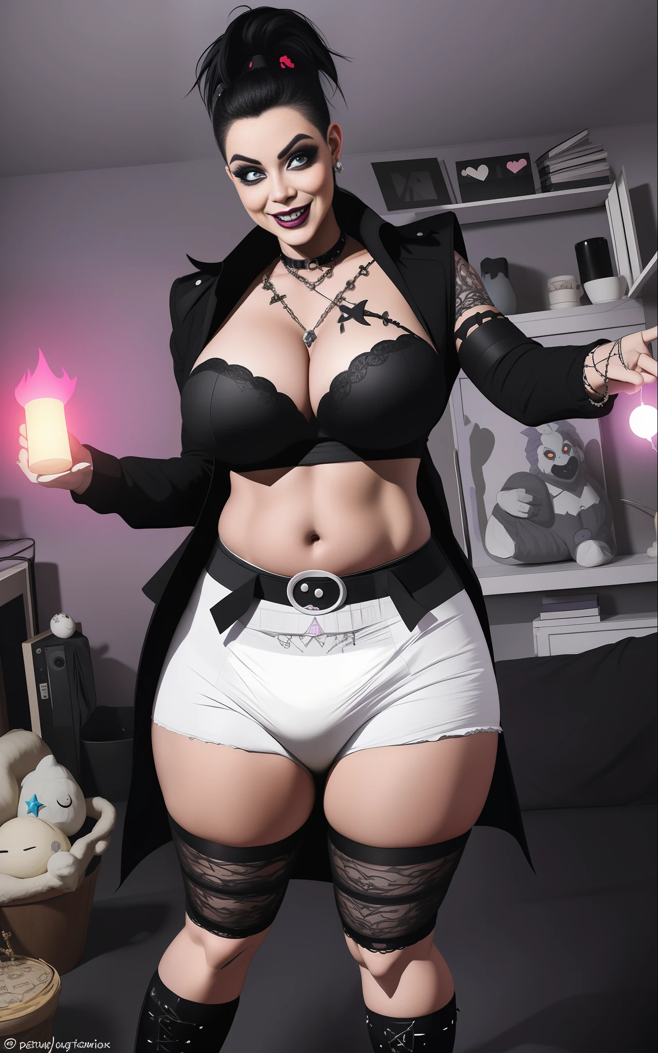 Sexy busty goth punk witch casting a diaper spell, wearing big diapers, magical themes, colorful, moonlight, indoors, attic, black lipstick, detailed, mischievous smile, large breasts, wide hips, casting love spell, seductive, (mommydom)