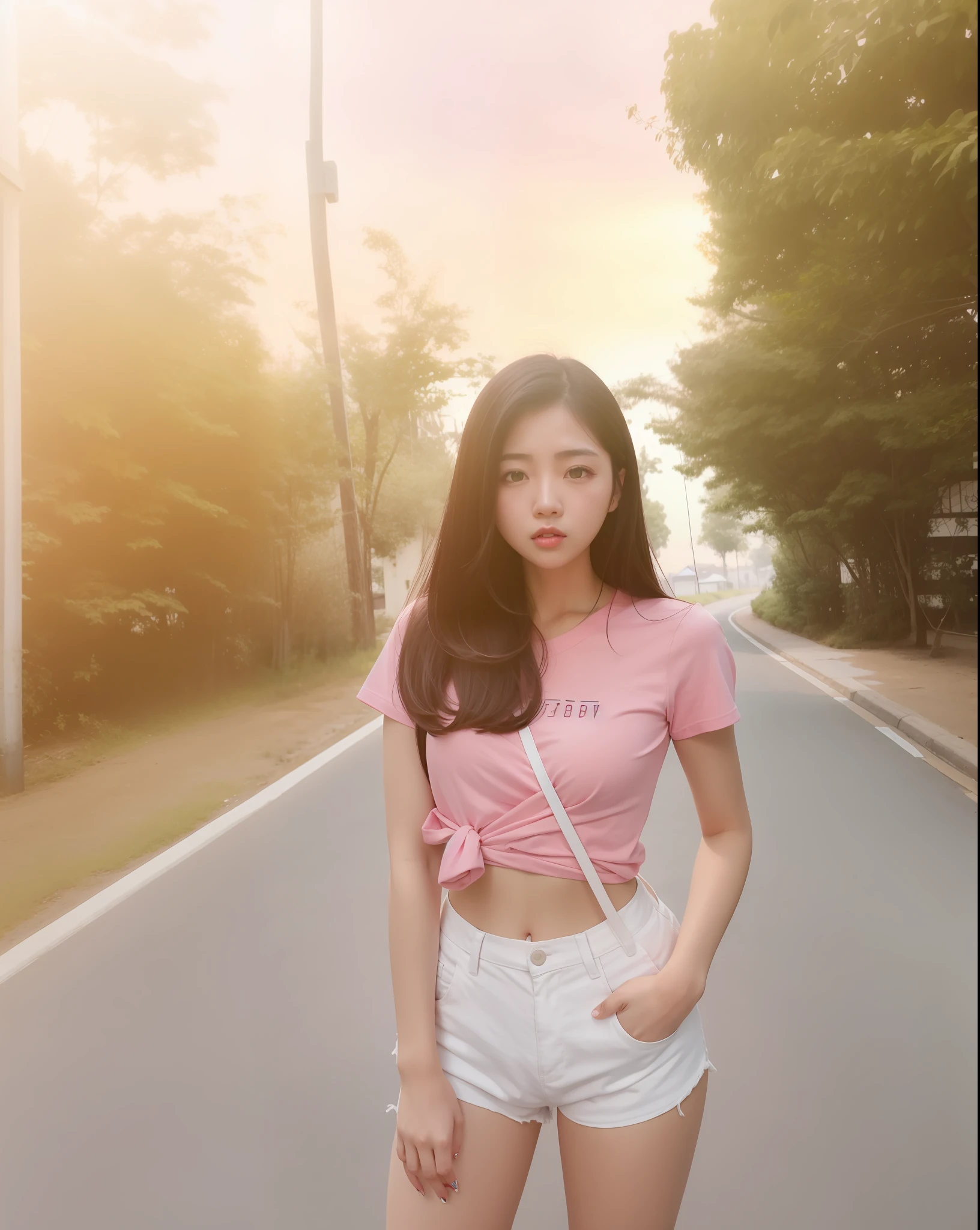 arafed woman standing on a road with a pink shirt and white shorts, korean girl, beautiful asian girl, asian girl, gorgeous young korean woman, with sunset, young asian girl, beautiful young korean woman, young and cute girl, beautiful south korean woman, xintong chen, attractive girl, ulzzang, jaeyeon nam, pink girl, hot with shining sun
