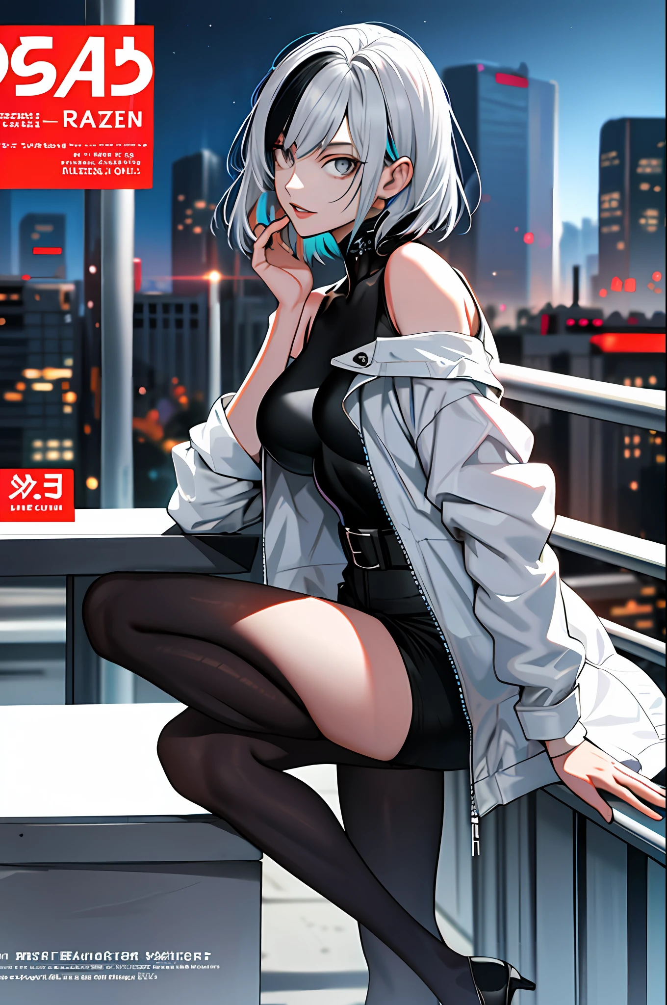 (magazine cover:1.3), (original: 1.2), masterpiece, best quality, beautiful clean face, (full body:1.1), lucy \(cyberpunk\), 1girl, against railing, arm rest, bangs, bare shoulders, belt, black belt, black leotard, black pants, blurry, bob cut, breasts, building, cityscape, clothing cutout, cropped jacket, cyberpunk, depth of field, from side, gradient eyes, grey eyes, grey hair, jacket, leotard, lips, long sleeves, mechanical parts, medium breasts, multicolored eyes, multicolored hair, night, night sky, off shoulder, open clothes, open jacket, outdoors, pants, parted lips, railing, red eyeliner, science fiction, short hair with long locks, short shorts, shorts, sidelocks, sky, solo, standing, thigh cutout, white jacket, white shorts,