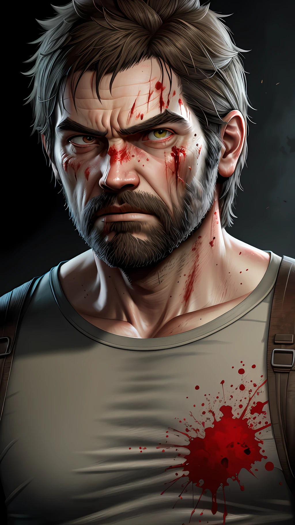 Joel The Last of us super realistic manly face angry expression super detailed looking at you illustration with blood by the realistic facial