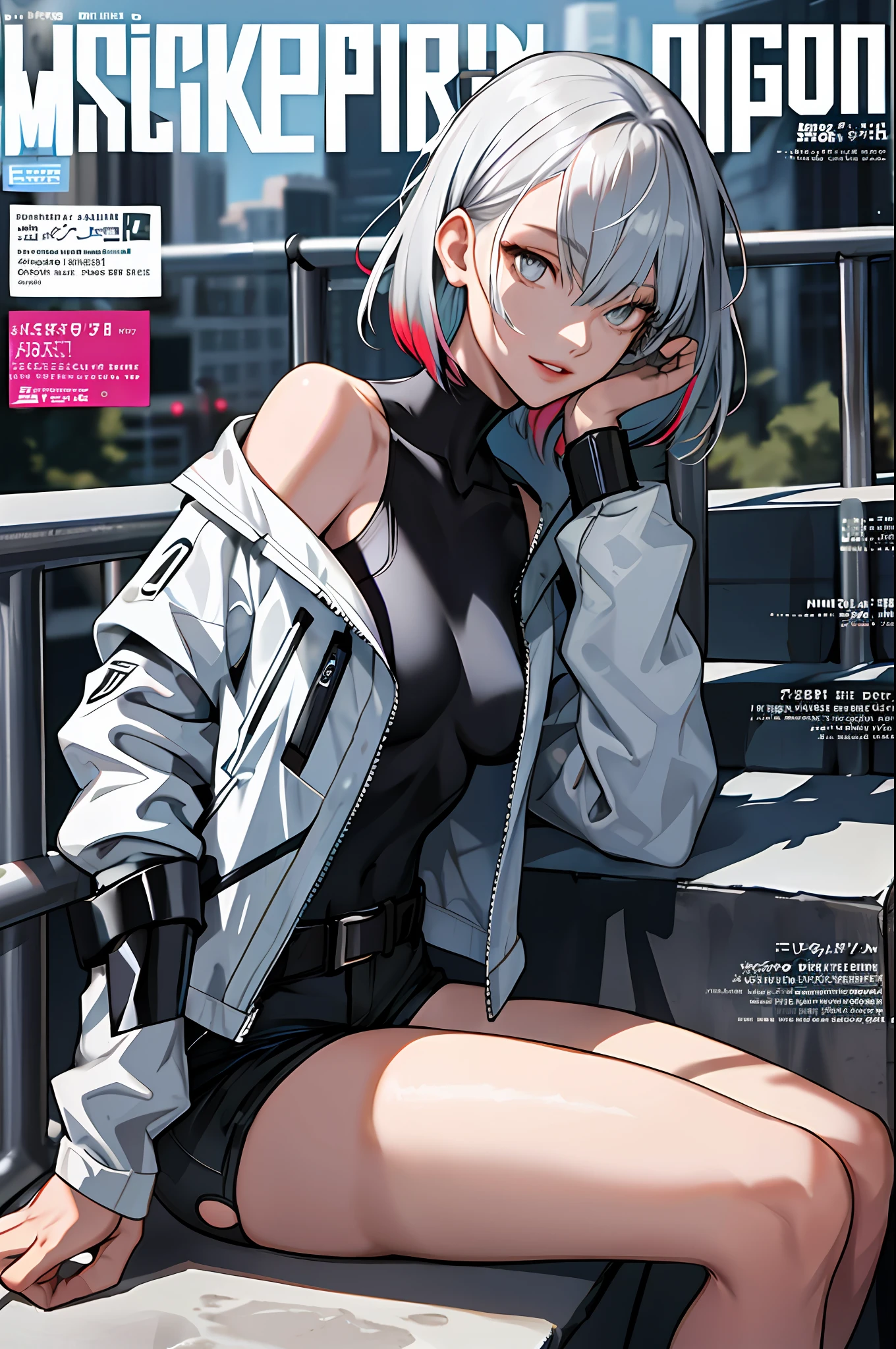 (magazine cover:1.3), (original: 1.2), masterpiece, best quality, beautiful clean face, (full body:1.1), lucy \(cyberpunk\), 1girl, against railing, arm rest, bangs, bare shoulders, belt, black belt, black leotard, black pants, blurry, bob cut, breasts, building, cityscape, clothing cutout, cropped jacket, cyberpunk, depth of field, from side, gradient eyes, grey eyes, grey hair, jacket, leotard, lips, long sleeves, mechanical parts, medium breasts, multicolored eyes, multicolored hair, night, night sky, off shoulder, open clothes, open jacket, outdoors, pants, parted lips, railing, red eyeliner, science fiction, short hair with long locks, short shorts, shorts, sidelocks, sky, solo, standing, thigh cutout, white jacket, white shorts,