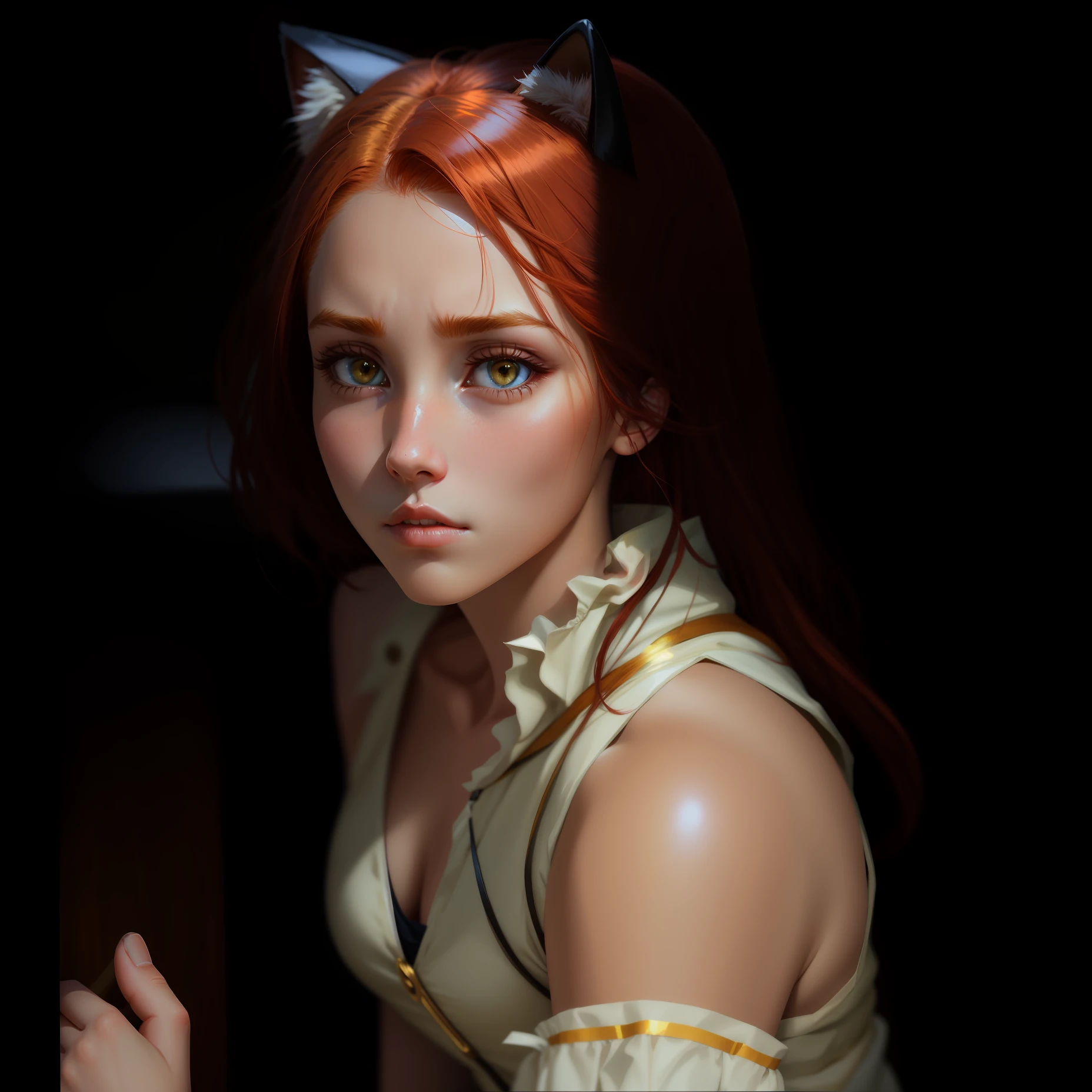 Red-haired girl look sad with golden cat