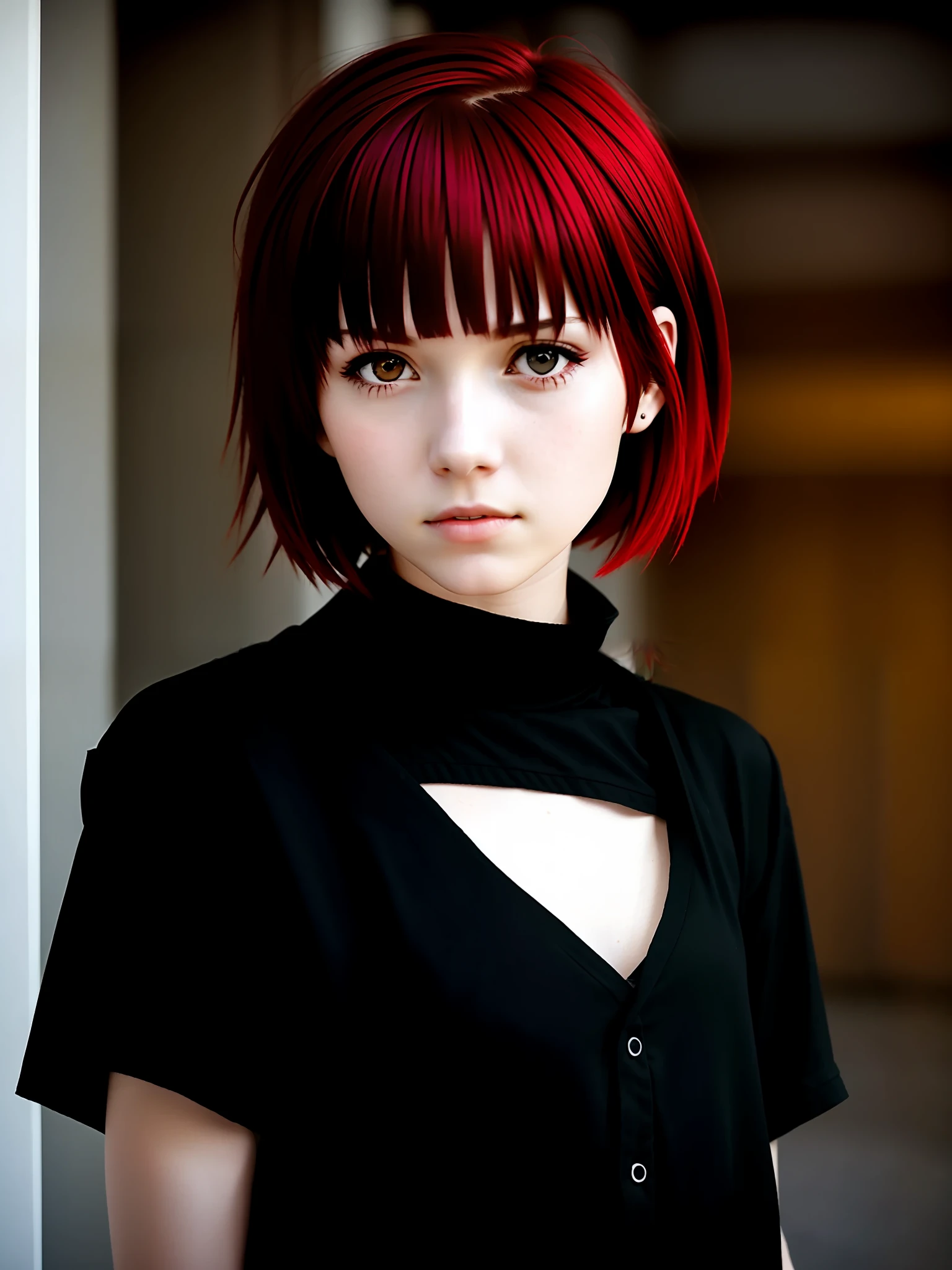 Girl with short, red hair in a certain 18-year-old, grim look with black clothes
