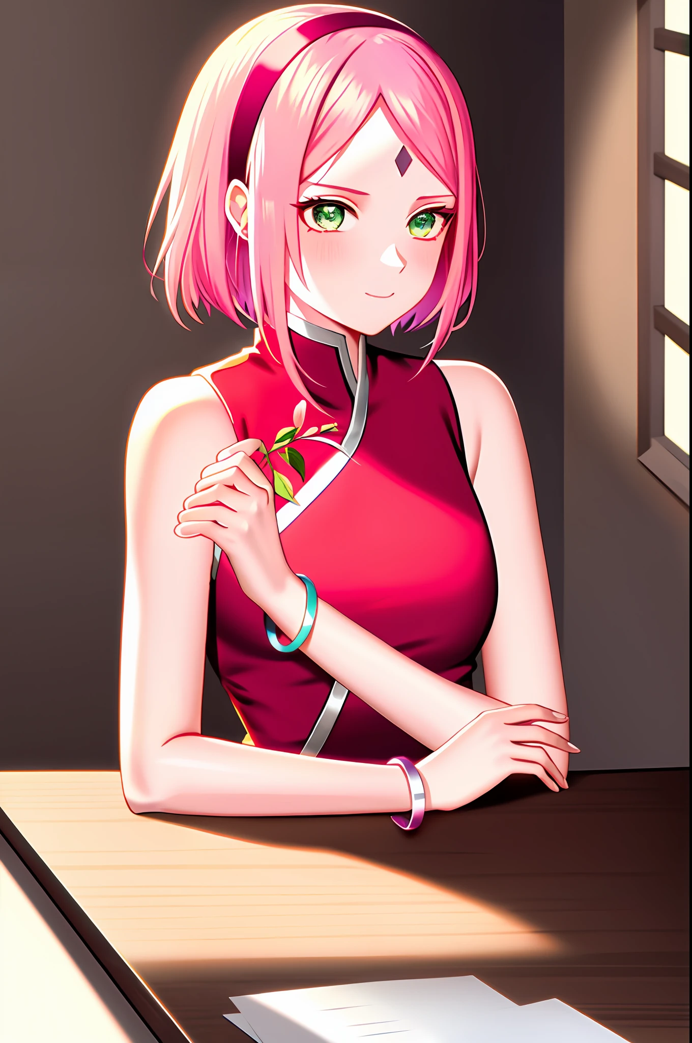 haruno sakura, boruto: naruto next generations, naruto \(series\),
1girl, bangs, bare arms, bracelet, closed mouth, desk, facial mark, flower, green eyes, hairband, indoors, jewelry, parted bangs, pink flower, pink hair, red hairband, red shirt, shirt, short hair, sitting, sleeveless, sleeveless shirt, solo, spring (season), upper body
, ((masterpiece))