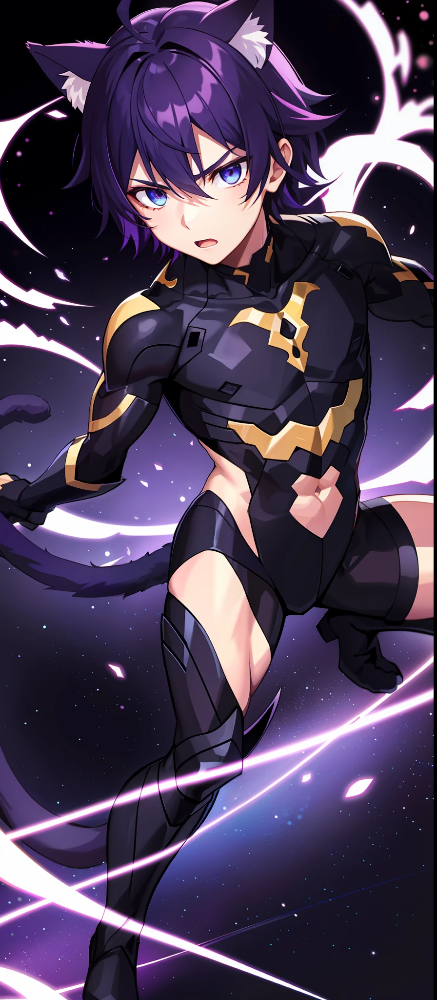 1boy, toned, sharp cat ears, cat tail, dark purple messy hair, dark blue eyes, cosmic powers, HD, masterpiece, vibrant, black boots, dead expression, slim purple armor