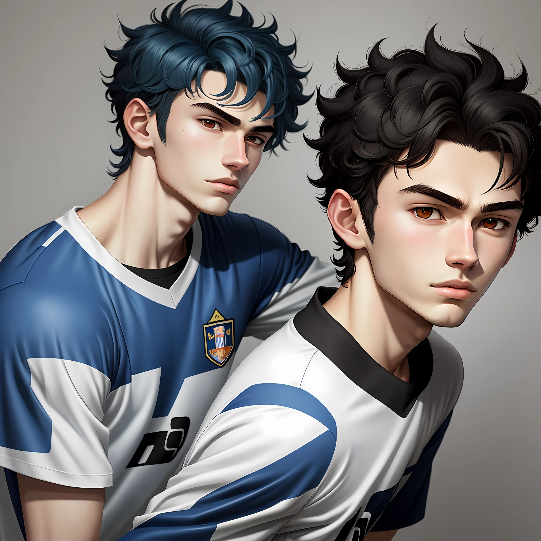 2d illustration portrait in (anime style) of a 1player soccer boy short curly hair blue color 18 year old appearance thin lips, pale skin and imposing posture