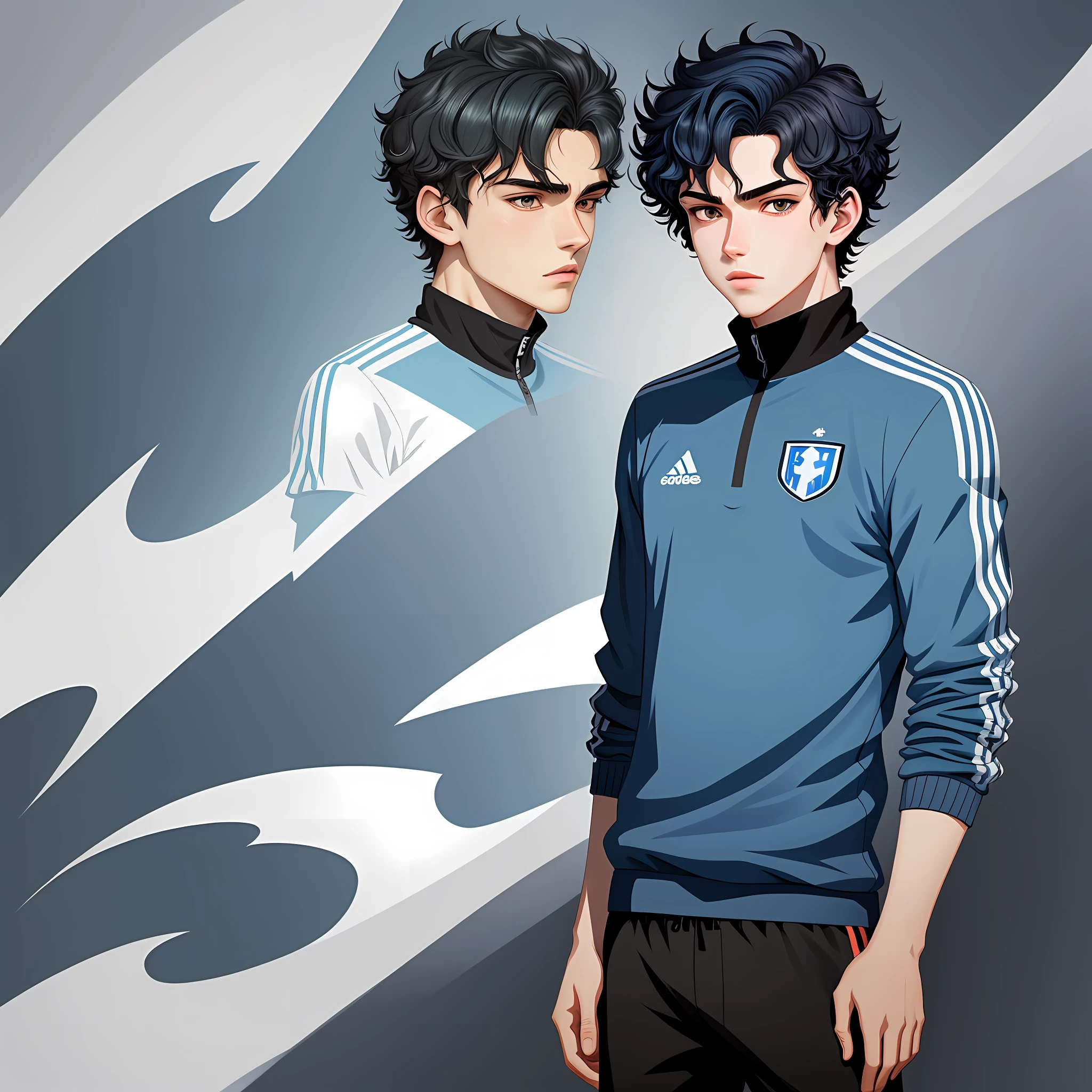 2d illustration portrait in (anime style) of a 1player soccer boy short curly hair blue color 18 year old appearance thin lips, pale skin and imposing posture