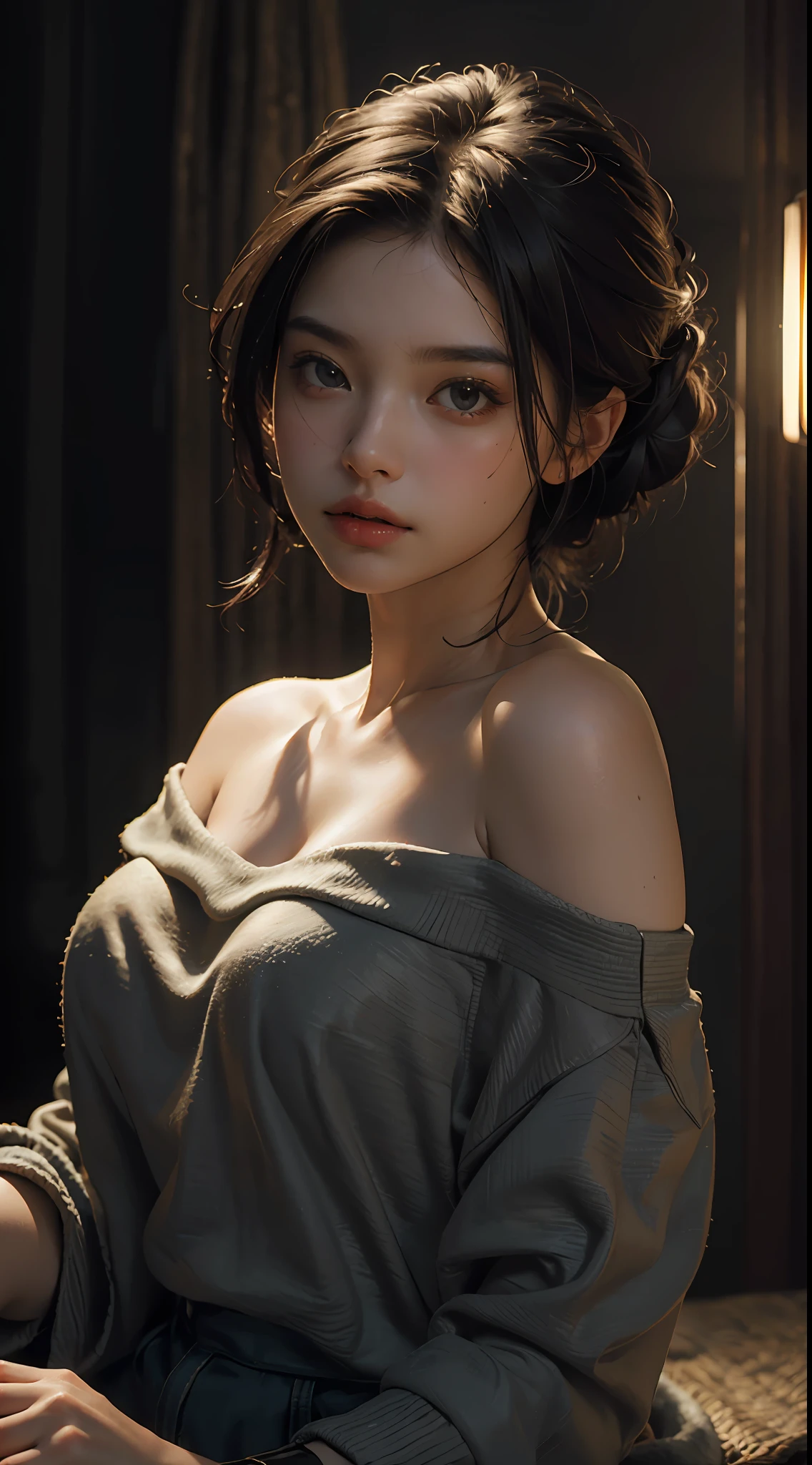 Best quality, masterpiece, ultra high res, (photorealistic:1.4), raw photo, 1girl, off shoulder, cinematic lighting