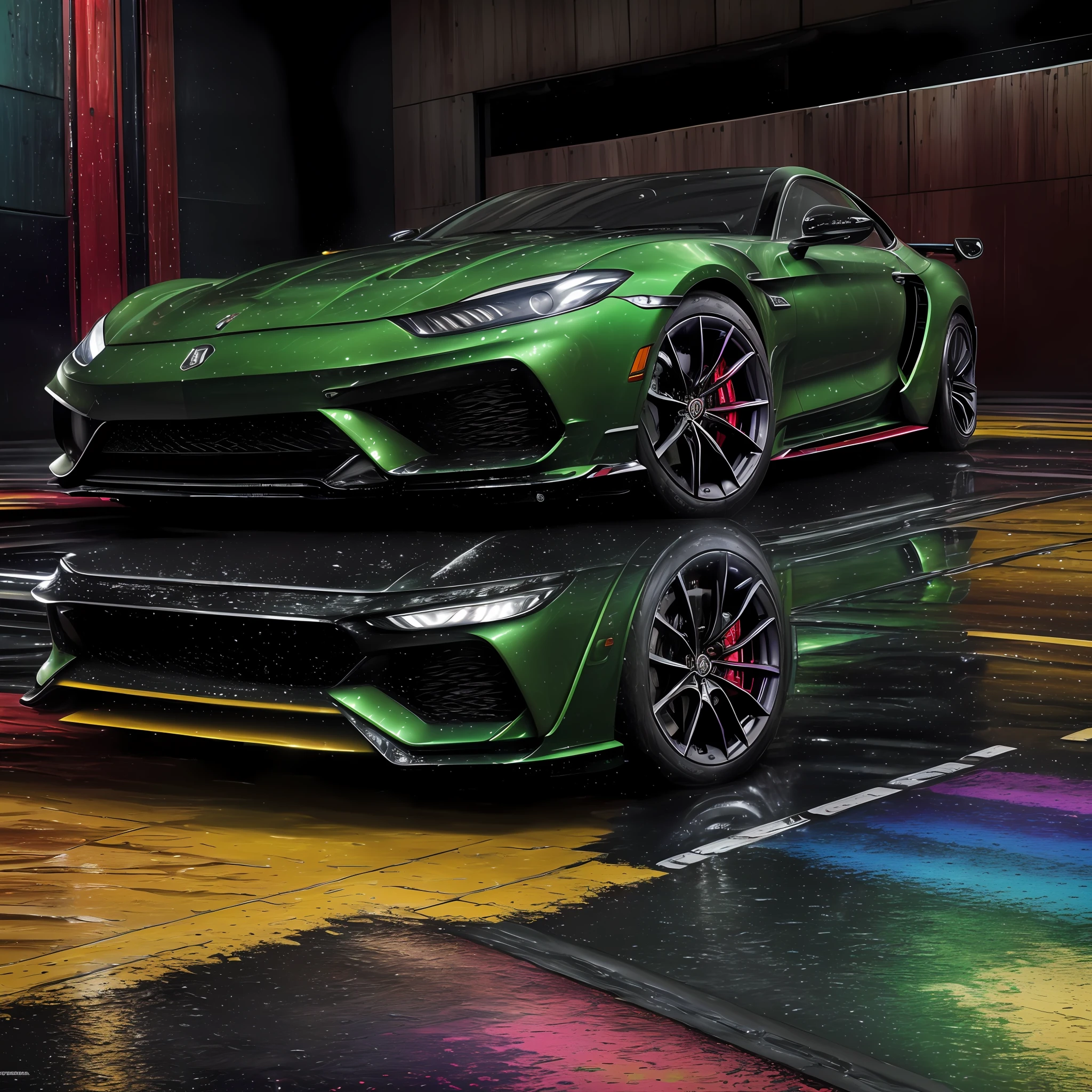 (8k, RAW photo, best quality, masterpiece: 1.2), (realistic, photo-realistic: 1.37, Luxury car on wet floor, bright colors, different from everything, modeled only, hyper mega realistic, wet floor with the shadow of this car, best masterpiece.