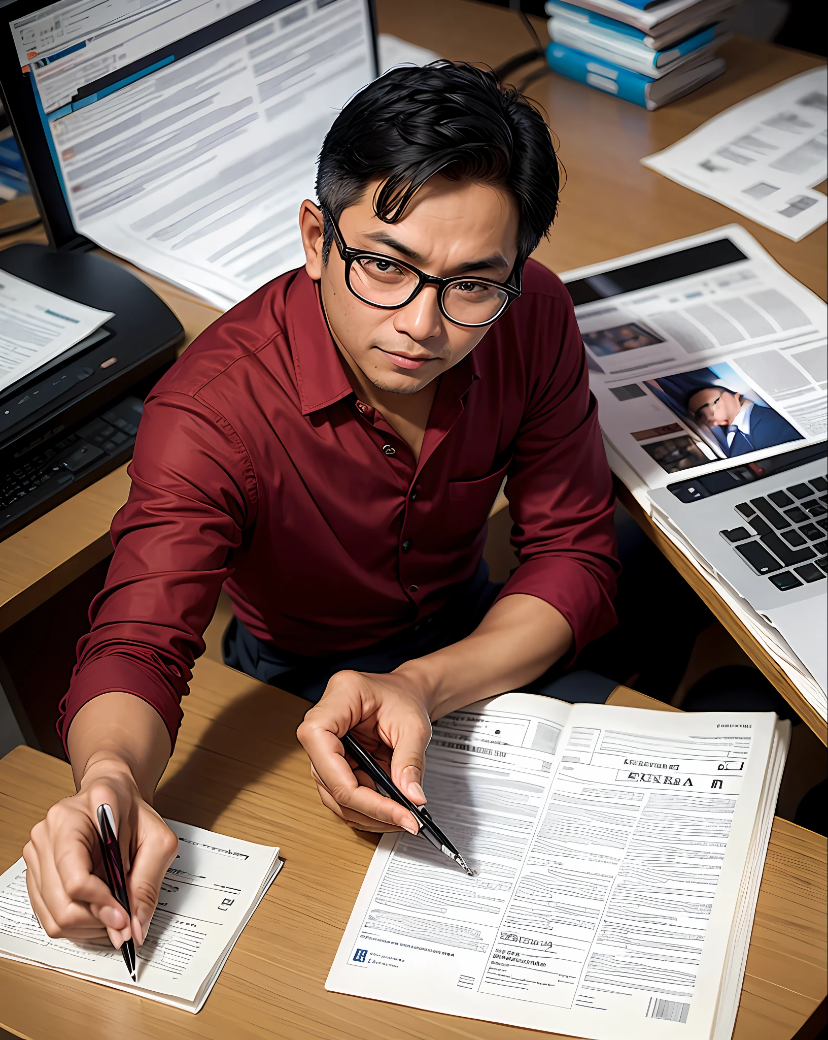 Photo of Burmese male journalist. Newspaper editor. Wearing glasses. Fair complex. Working at desk.