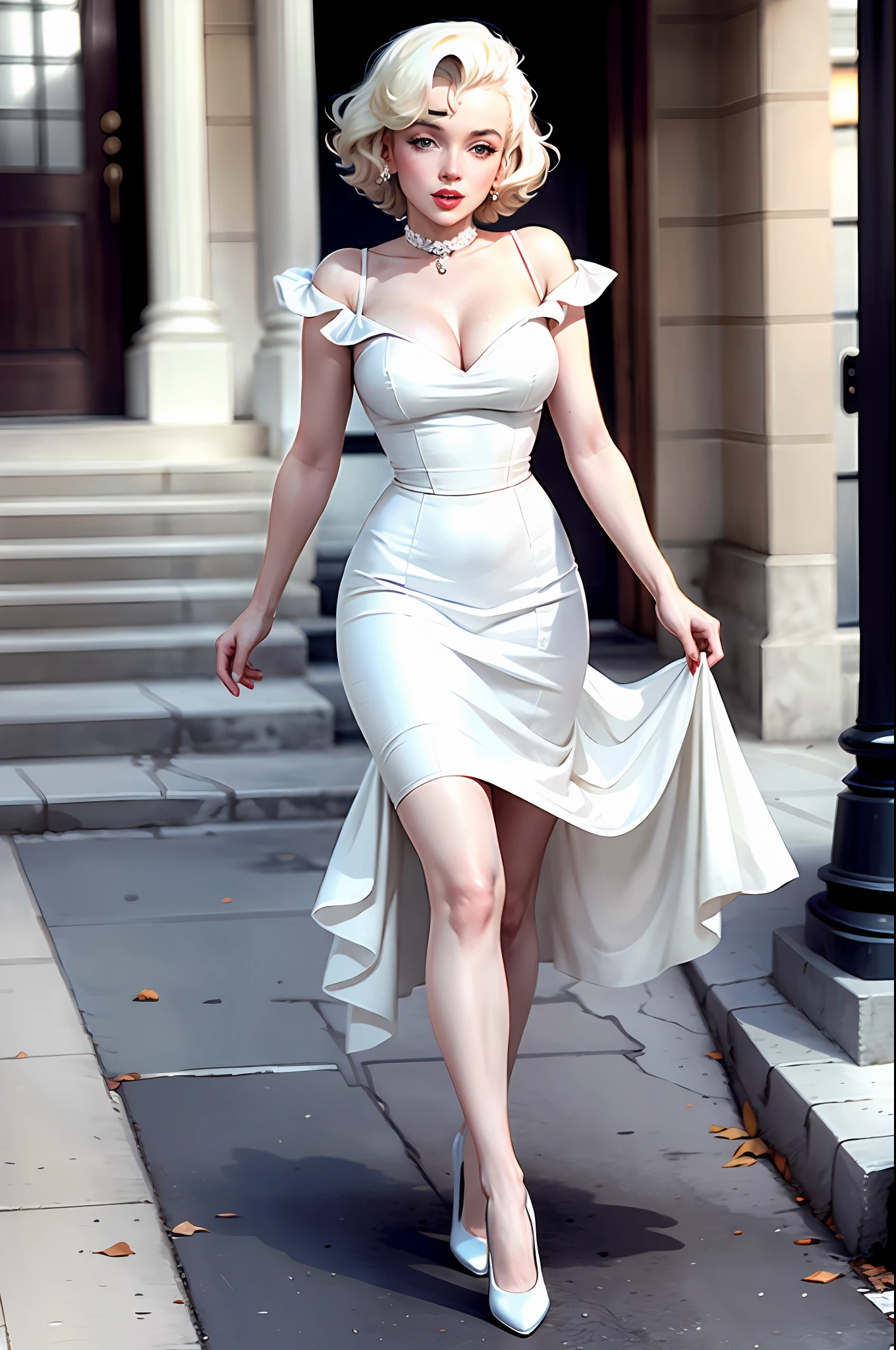 Marilyn Monroe in white dress walking