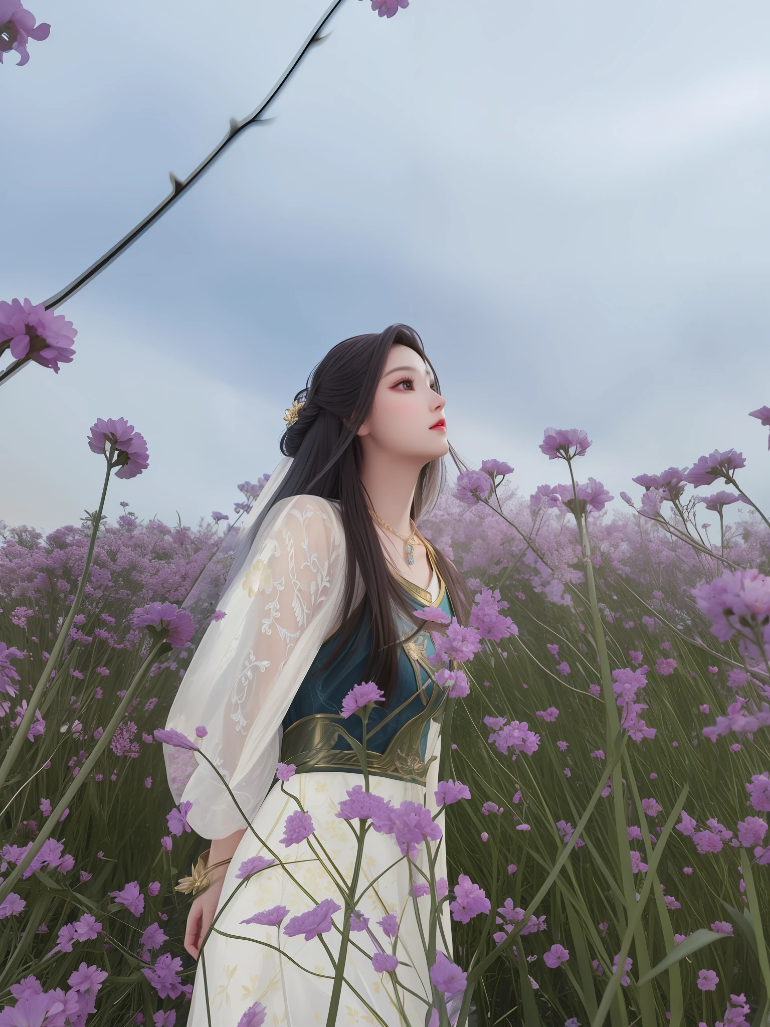 Best quality, masterpiece, high resolution, 1girl, porcelain dress, hair accessories, necklace, jewelry, beautiful face, on the body, Tyndall effect, realistic, dark studio, edge lighting, two-tone lighting, (high detail skin: 1.2), 8k UHD, dslr, soft light, high quality, volumetric light, candid, photo, high resolution, 4k, 8k, background blur,