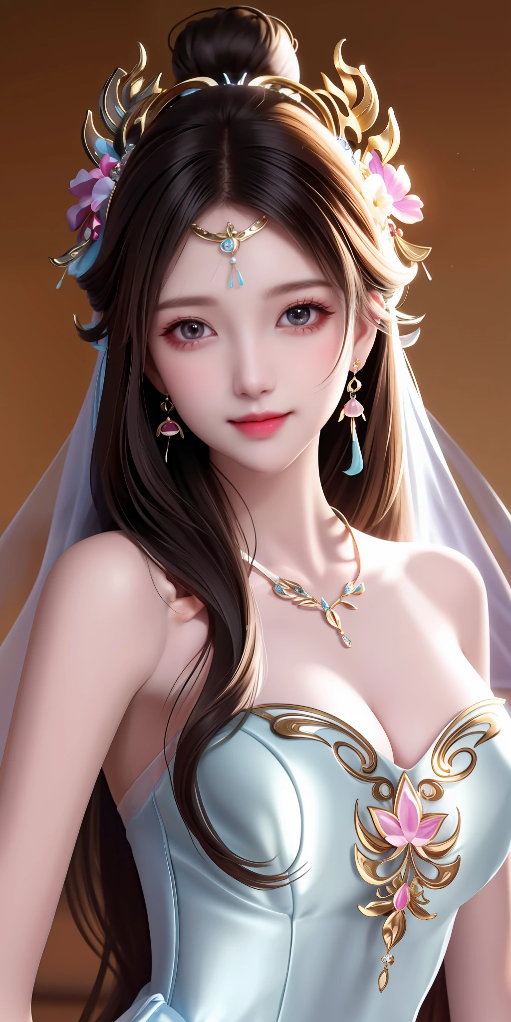 Best Quality, Masterpiece, High Resolution, 1girl, Clear Silk Porcelain Dress, Pretty Face, Hair Accessories, Look at the Audience, Smile, Close Mouth, Lips, Dress, Hair Accessories, Necklaces, Jewelry, Long Hair, Earrings, Beautiful Face, Body, Tindal Effect, Realism, Shadow Studio, Edge Lighting, Two-Color Lighting, (High Detail Skin: 1.2), 8k UHD, DSLR, Soft Light, High Quality, Volume Lighting, Photo, High Resolution 4K, 8k, Blurred Background