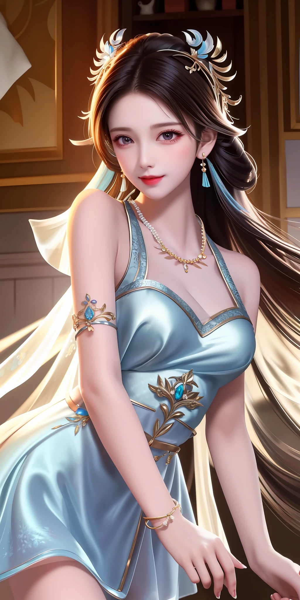Best Quality, Masterpiece, High Resolution, 1girl, Clear Silk Porcelain Dress, Pretty Face, Hair Accessories, Look at the Audience, Smile, Close Mouth, Lips, Dress, Hair Accessories, Necklaces, Jewelry, Long Hair, Earrings, Beautiful Face, Body, Tindal Effect, Realism, Shadow Studio, Edge Lighting, Two-Color Lighting, (High Detail Skin: 1.2), 8k UHD, DSLR, Soft Light, High Quality, Volume Lighting, Photo, High Resolution 4K, 8k, Blurred Background