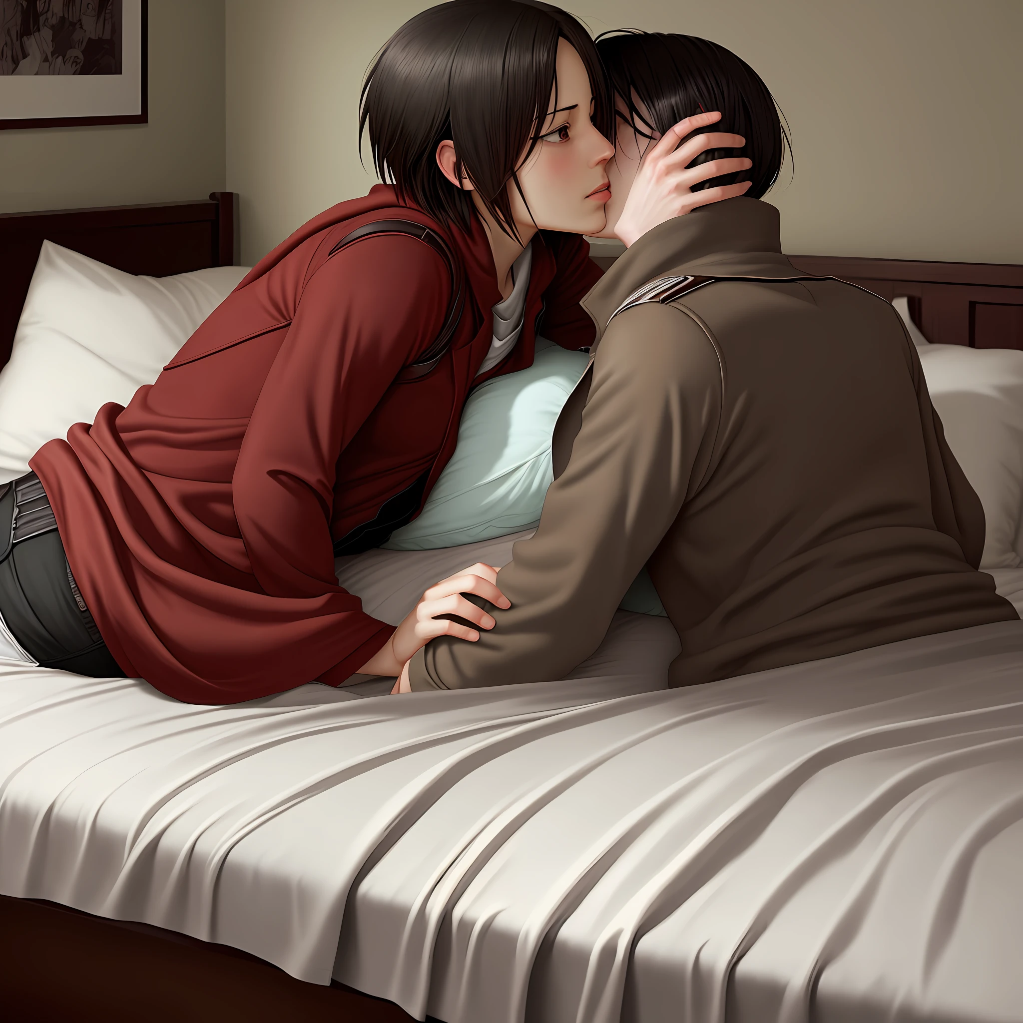 [(passionate kiss),(romantic love),((Mikasa Ackerman)|(Levi Ackerman)),(bedroom),(on the bed):0.8]