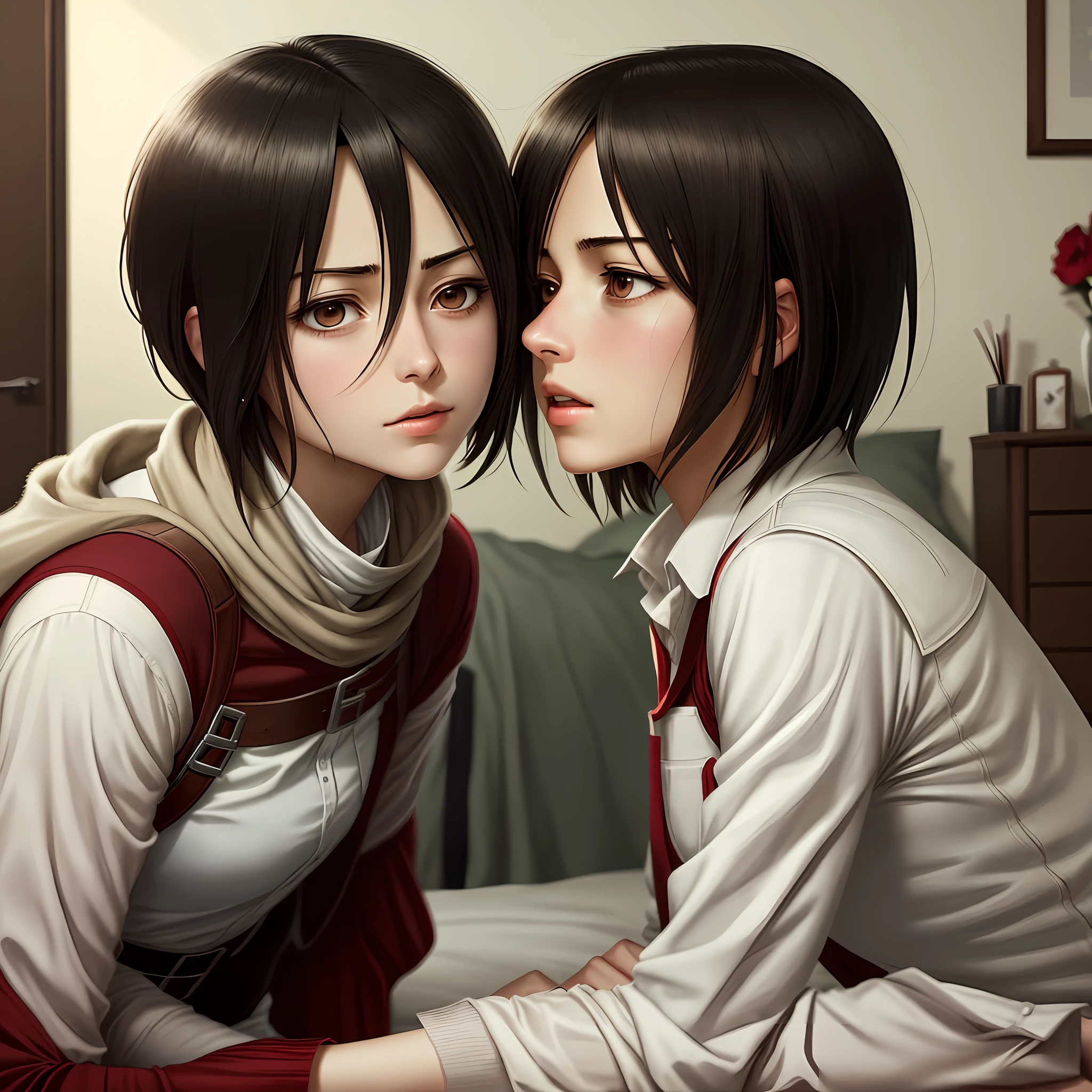 [(passionate kiss),(romantic love),((Mikasa Ackerman)|(Levi Ackerman)),(bedroom),(on the bed):0.8]