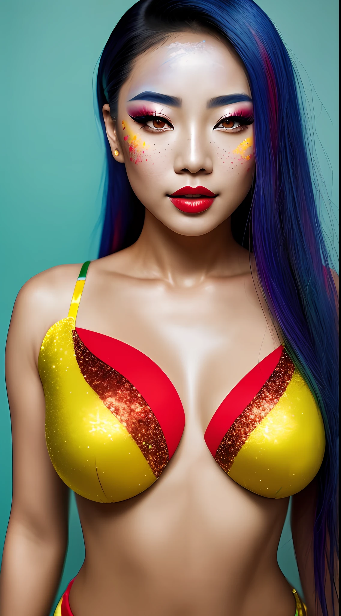 beautiful asian lady, freckles, brilliant glitter makeup, (red and blue and yellow and green and vitiligo skin: 1.5), perfect sexy breasts, hyperdetailed photography, soft light, head and breast portrait, cover,, best quality, (detailed beautiful face, detail skin texture, ultra-detailed body:1.1)