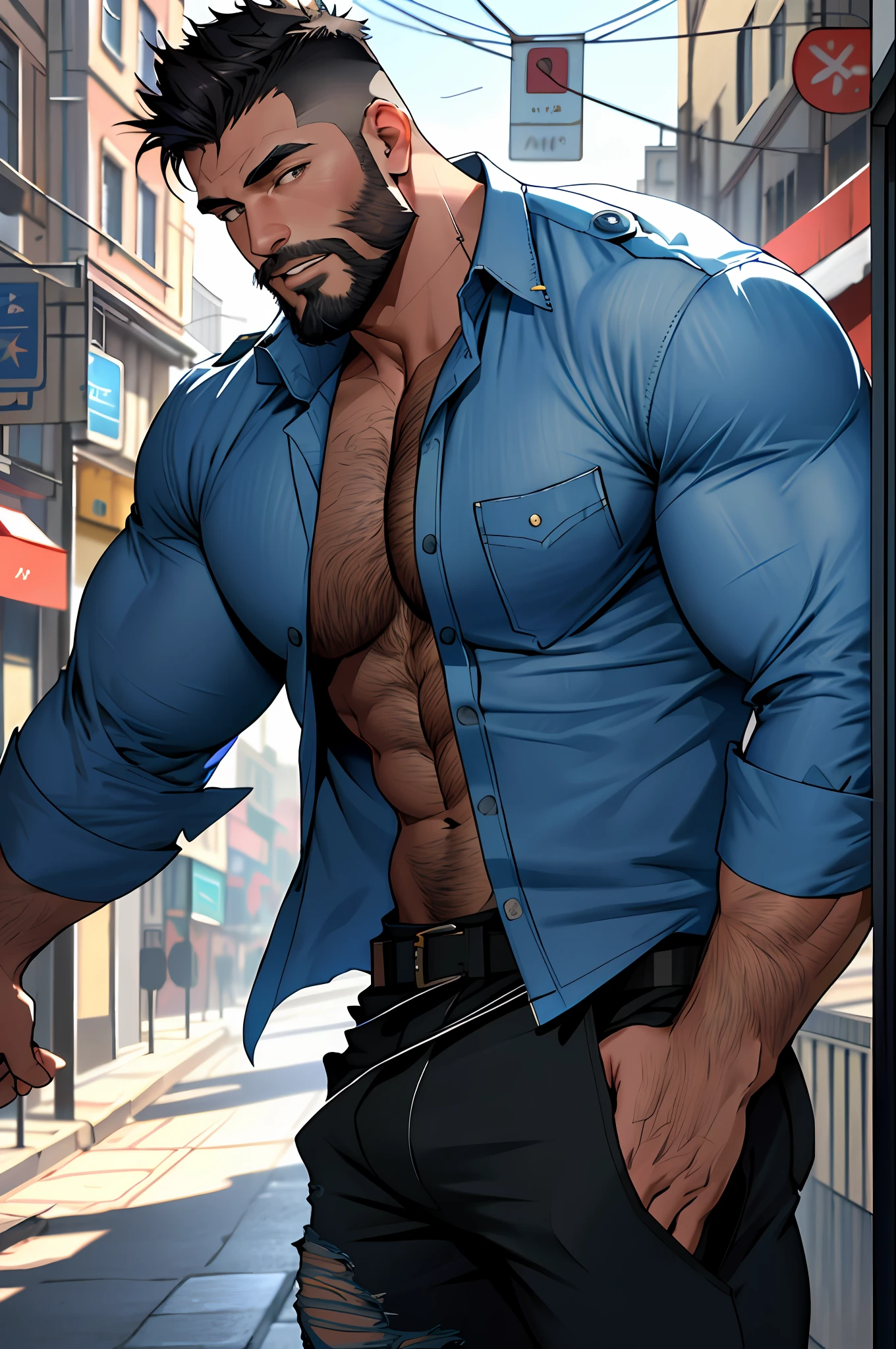 Best quality, masterpiece, ultra high res,detailed background,realistic,illustration,shot,solo,1boy,muscular male,beard,police uniform, (((open shirt))), erotic, ripped pants,street,muscular,facial hair,volumetric lighting,depth of field,short hair, stocky bara, stocky burly