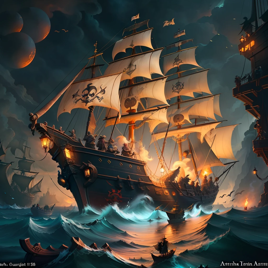 pirates on a ship in the ocean with torches coming out of their chests, concept art by Arthur Pan, Artstation contest winner, sots art, pirates, swashbuckler class pirate, roleplaying game art, pirate, detailed game art illustration, epic rpg artwork, pirate ships at war at night, pirate portrait, game key art, game art