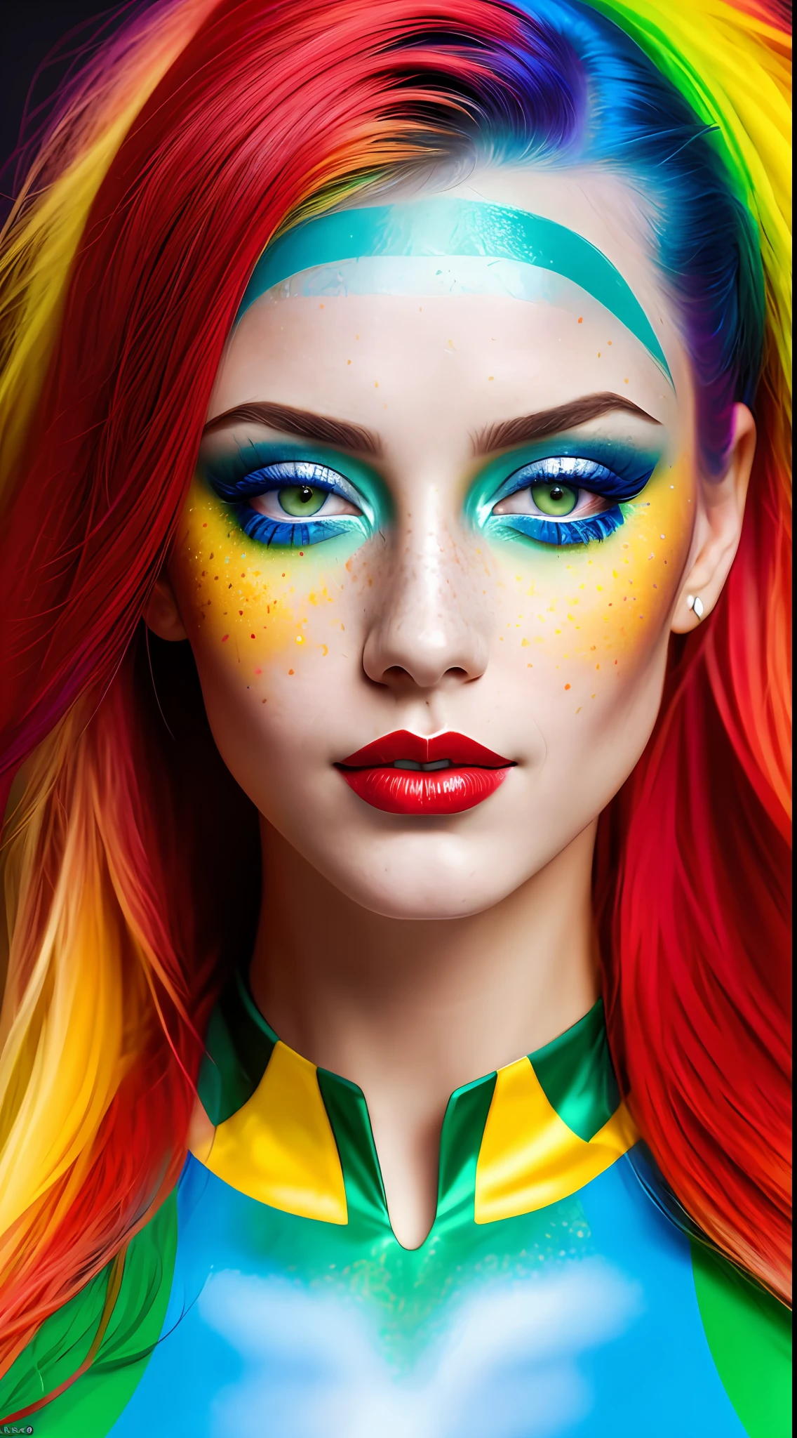 beautiful russian lady, freckles, brilliant glitter makeup, (red and blue and yellow and green and vitiligo skin: 1.5), perfect sexy breasts, hyperdetailed photography, soft light, head and breast portrait, cover,, best quality, (detailed beautiful face, detail skin texture, ultra-detailed body:1.1)