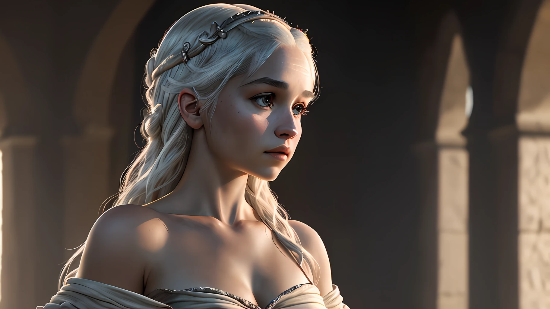 Best quality, masterpiece, ultra high res, (photorealistic:1.4), raw photo,Daenerys, off shoulder, cinematic lighting