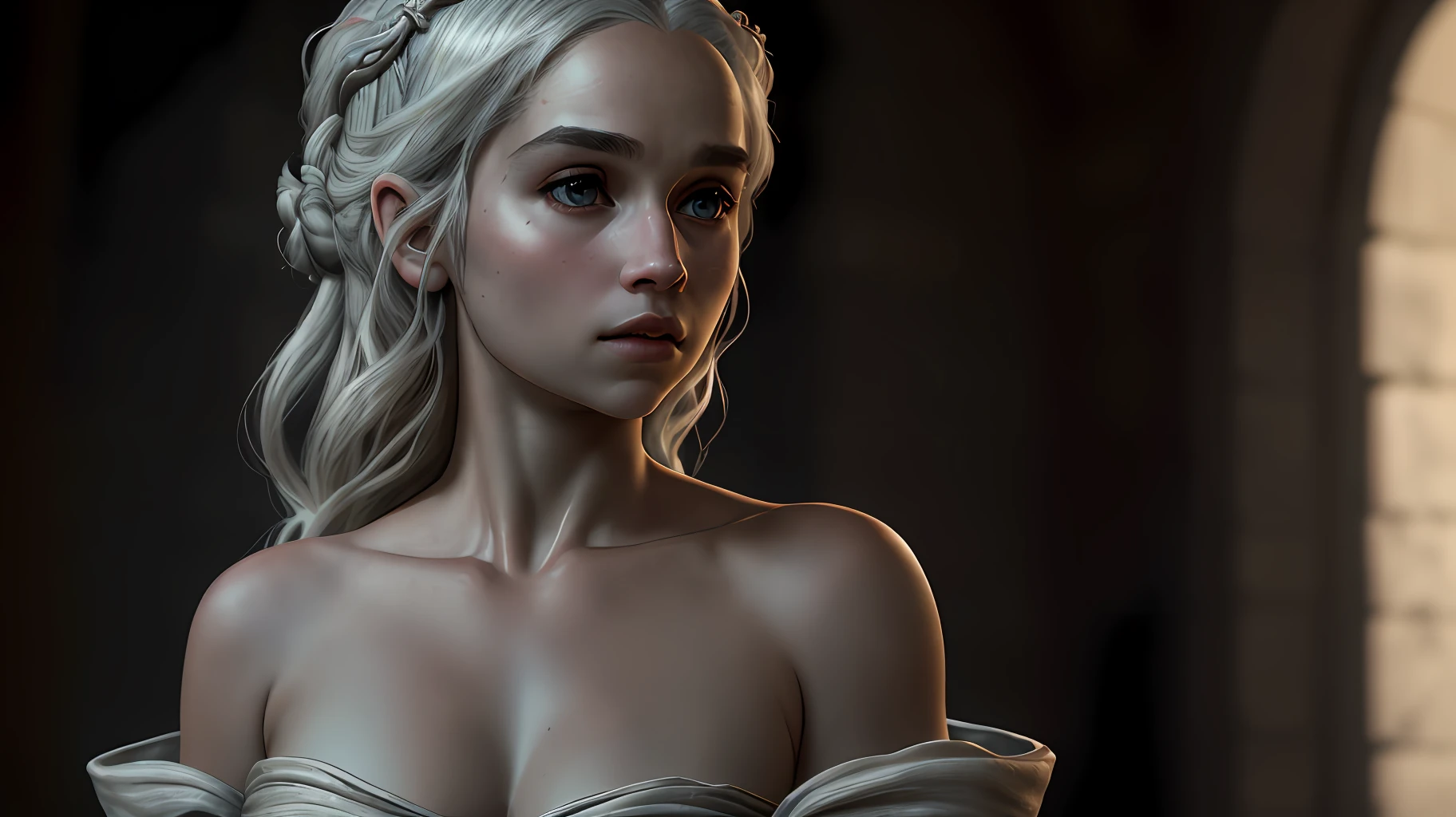 Best quality, masterpiece, ultra high res, (photorealistic:1.4), raw photo,Daenerys, off shoulder, cinematic lighting