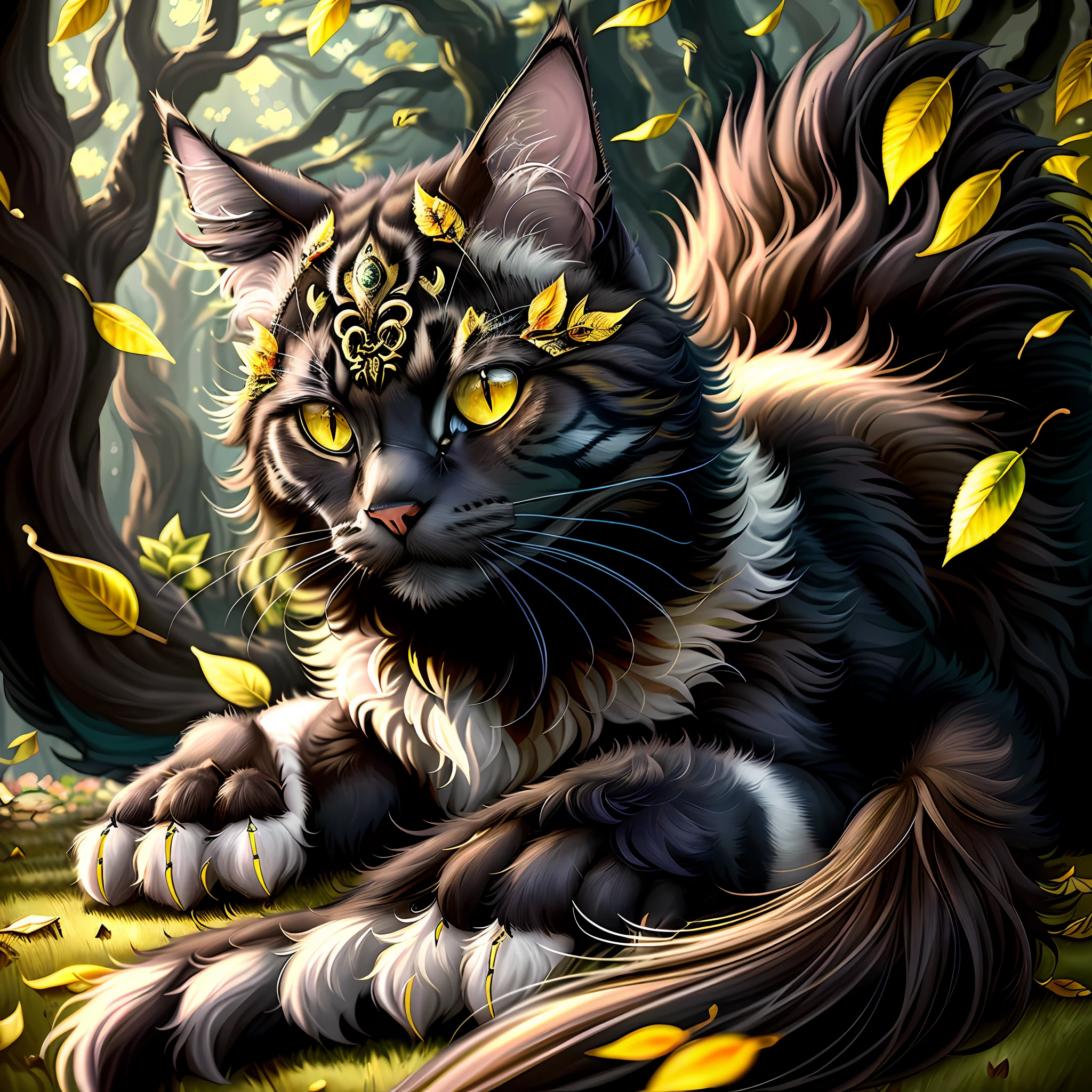 painting of a cat with yellow eyes laying in the grass, warrior cats fan art, 4k highly detailed digital art, cute detailed digital art, beautiful digital artwork, 4k detailed digital art, very very beautiful furry art, over detailed art, 4k detailed art, detailed fantasy digital art, detailed fantasy art, anthropomorphic large maine coon, digital painting highly detailed