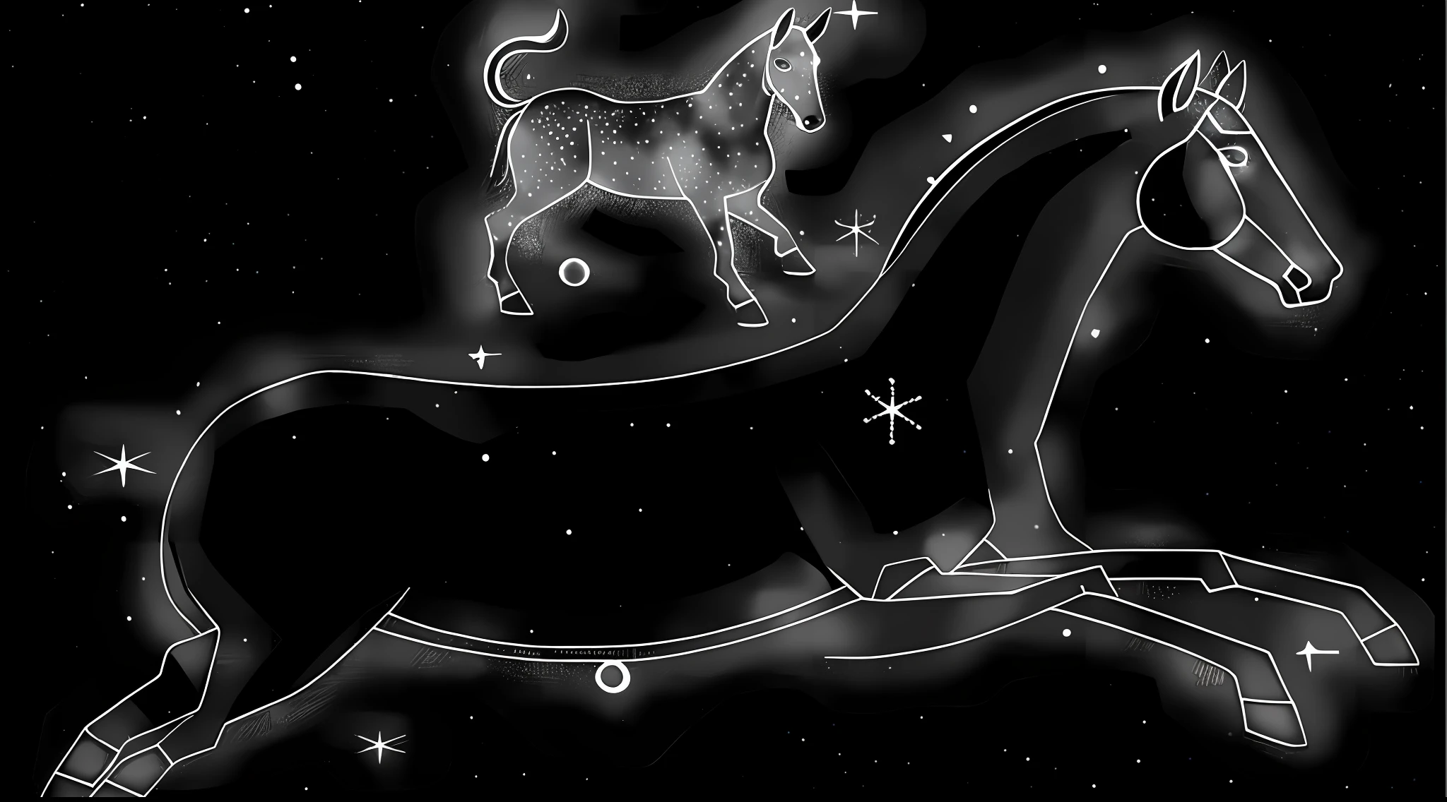 a close up of a horse and a dog on a black background, the horse above, aries constellation, by Gigadō Ashiyuki, centaur, constellations, by Joseph Pisani, with stars, artistic rendering, centaur horse, star(sky) starry_sky, by Tomioka Tessai, starry-night!!!!!!!!!!!!!!!!!!!!