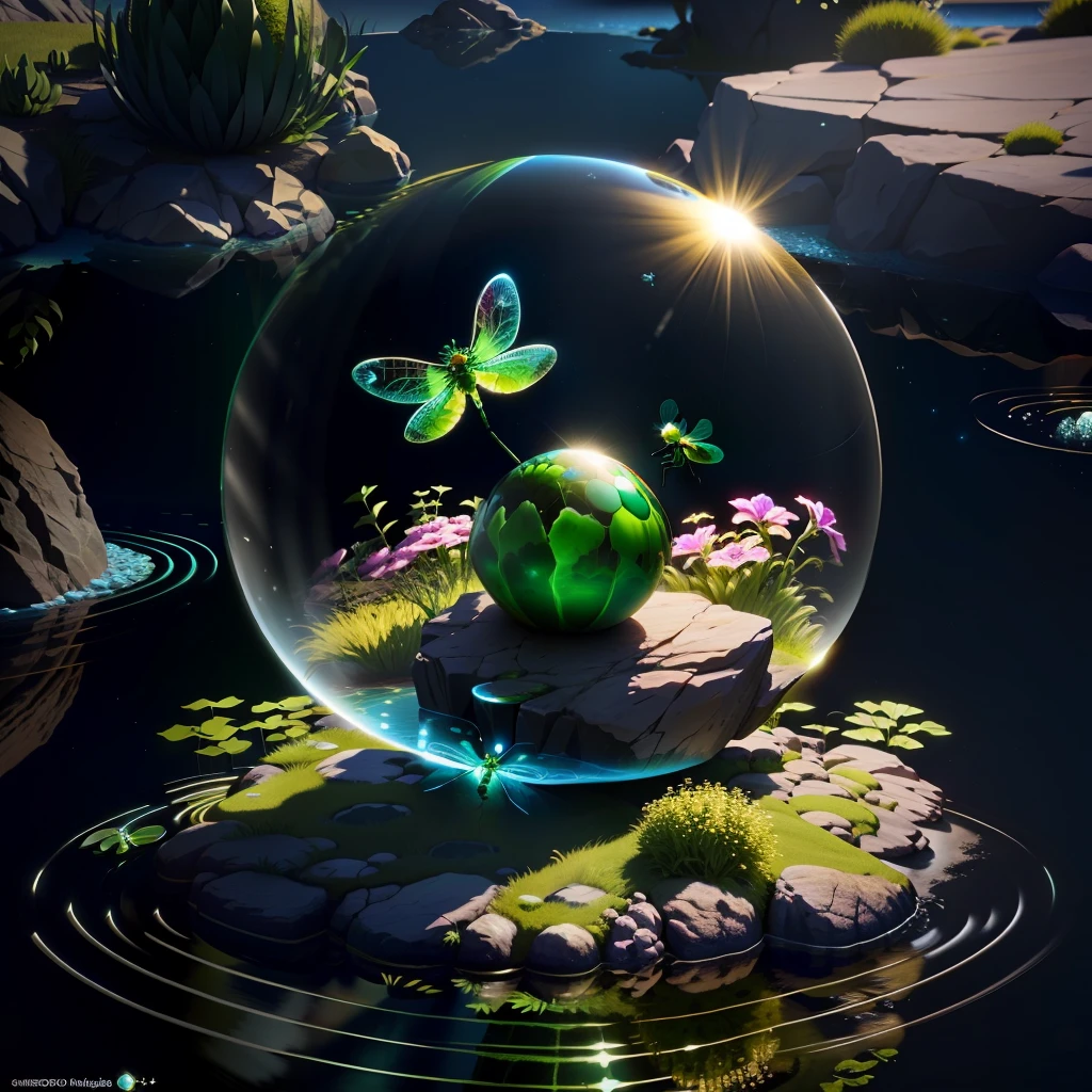 glass sphere anthill, green dragonfly in a rock pool, flowers around rock pool, game design, high resolution, fantasy 3D