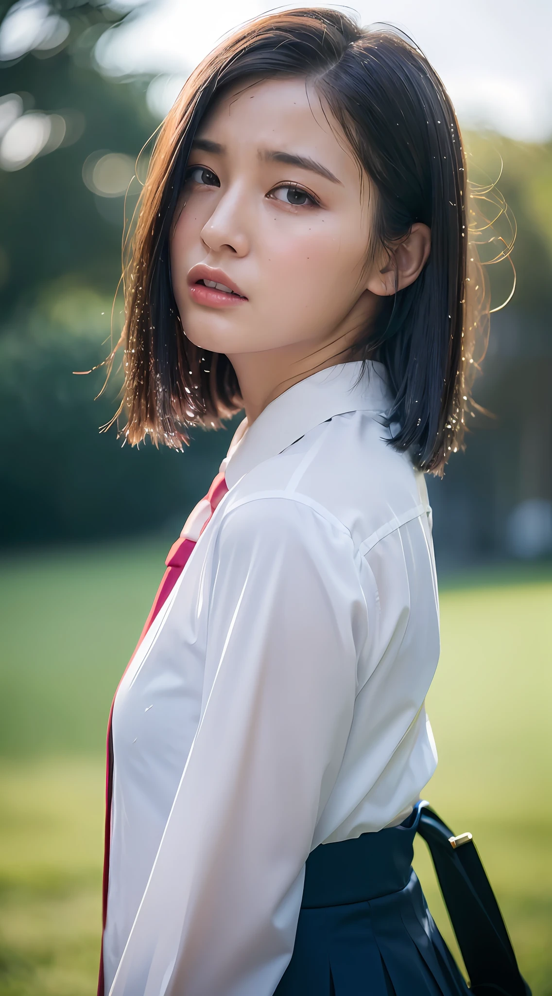 ( Masterpiece :1.3), ( 8k, Realistic , RAW Photo , Best Quality :1.4 ), (1 Girl), Shiny Skin , Shiny Hair , Beautiful Face , ( Realistic Face , Detailed Face , ( Brunetté , Short Hair :1.1), Beautiful Hairstyle , Realistic Eyes , Beautiful ( Detailed Eyes :1.2), ( Realistic Skin ), Beautiful Skin , Attractive , Ultra High Resolution , Ultra Realistic , Highly Detailed , ( Golden Ratio :1.1), JK _ Style ,( Blue skirt: 1.05), white shirt, red tie, black school bag, heavy rain, (cloudy light: 2.8), (wet shirt: 1.15), (blurred background: 1.2), angry, crying